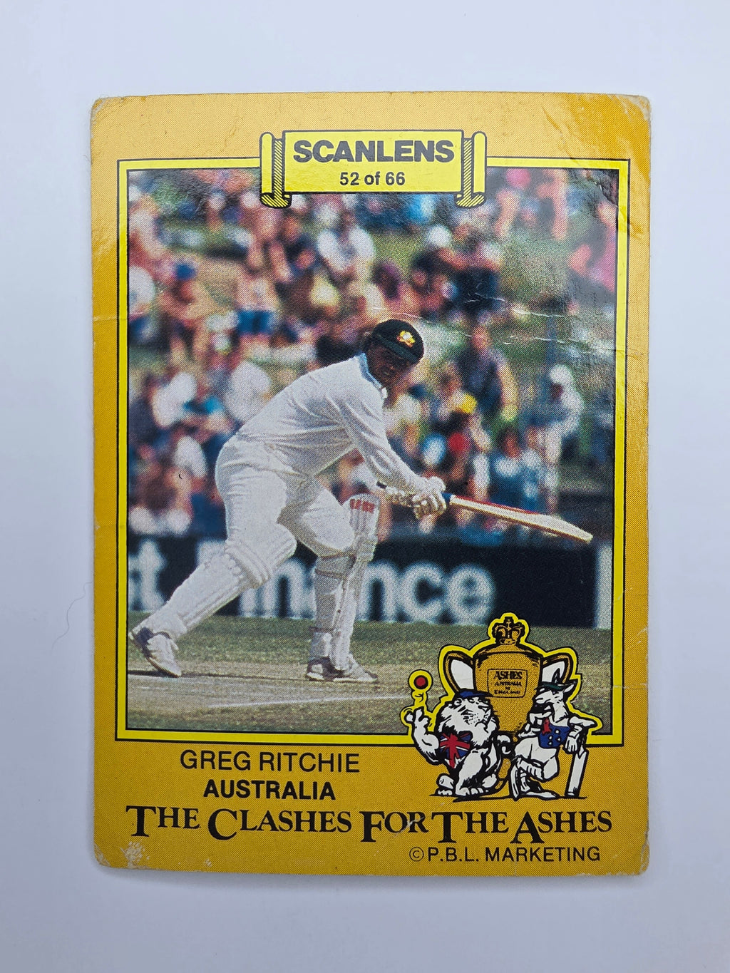 Scanlens 1986 The Clashes for the Ashes trading card release featuring Greg Ritchie batting for Australia.