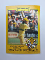 1986 Scanlens The Clashes for the Ashes trading card release featuring Stephen Waugh batting for Australia.