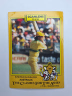 1986 Scanlens The Clashes for the Ashes trading card release featuring Stephen Waugh batting for Australia.