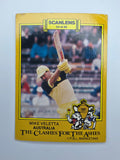 Scanlens 1986 The Clashes for the Ashes cricket trading card release featuring Mike Veletta batting for Australia.