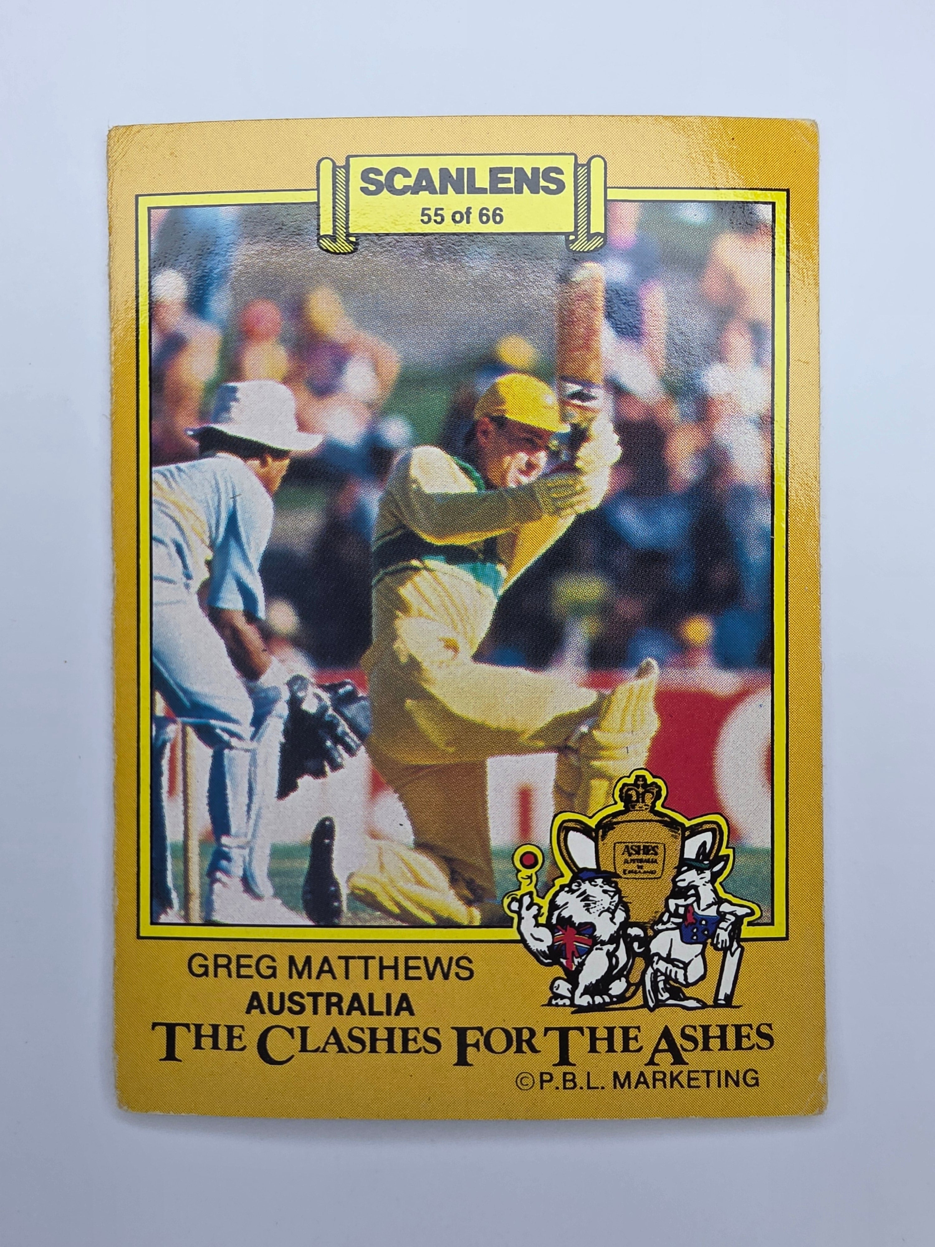 1986 Scanlens The Clashes for the Ashes cricket trading card featuring Greg Matthews batting for Australia.