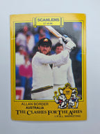 Scanlens 1986 The Clashes for the Ashes cricket trading card featuring Allan Border batting for Australia.