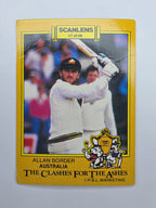 Scanlens 1986 The Clashes for the Ashes cricket trading card featuring Allan Border batting for Australia.