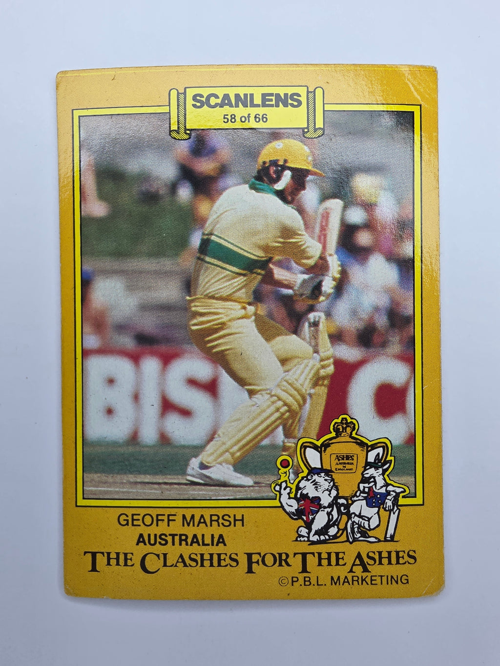 Geoff Marsh batting for Australia from The Clashes for the Ashes 1986 Scanlens cricket trading card.