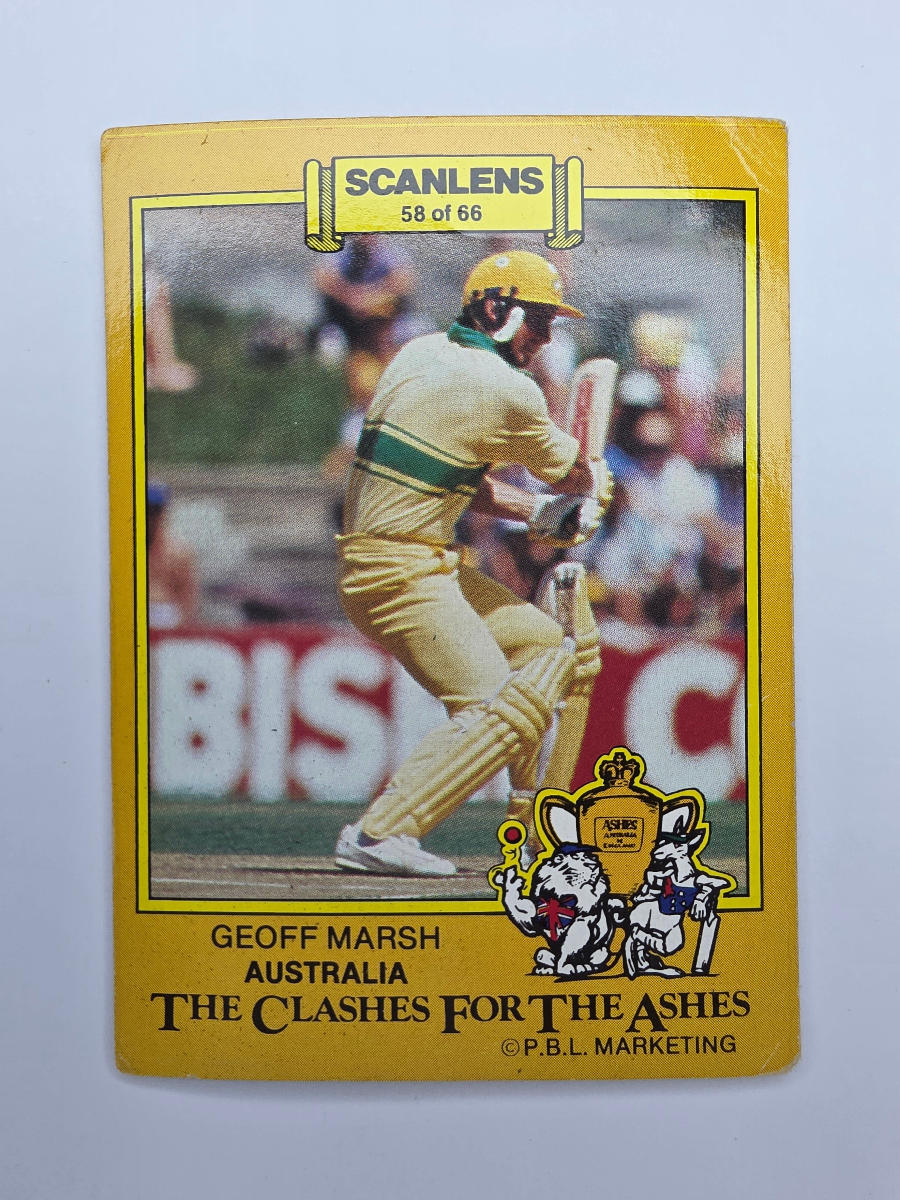 Geoff Marsh batting for Australia from The Clashes for the Ashes 1986 Scanlens cricket trading card.
