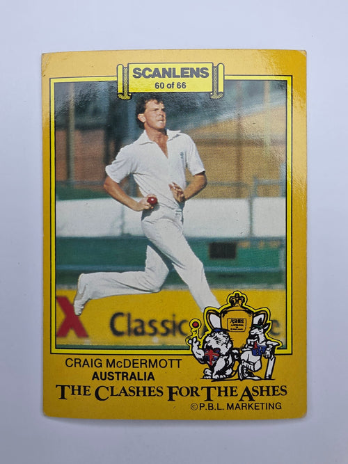 Scanlens 1986 The Clashes for the Ashes trading card of Craig McDermott bowling for Australia.
