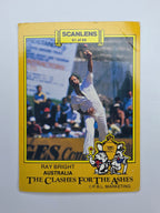 Vintage Scanlens 1986 cricket trading card of Ray Bright bowling for Australia in the Clashes for the Ashes.