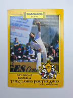 Vintage Scanlens 1986 cricket trading card of Ray Bright bowling for Australia in the Clashes for the Ashes.