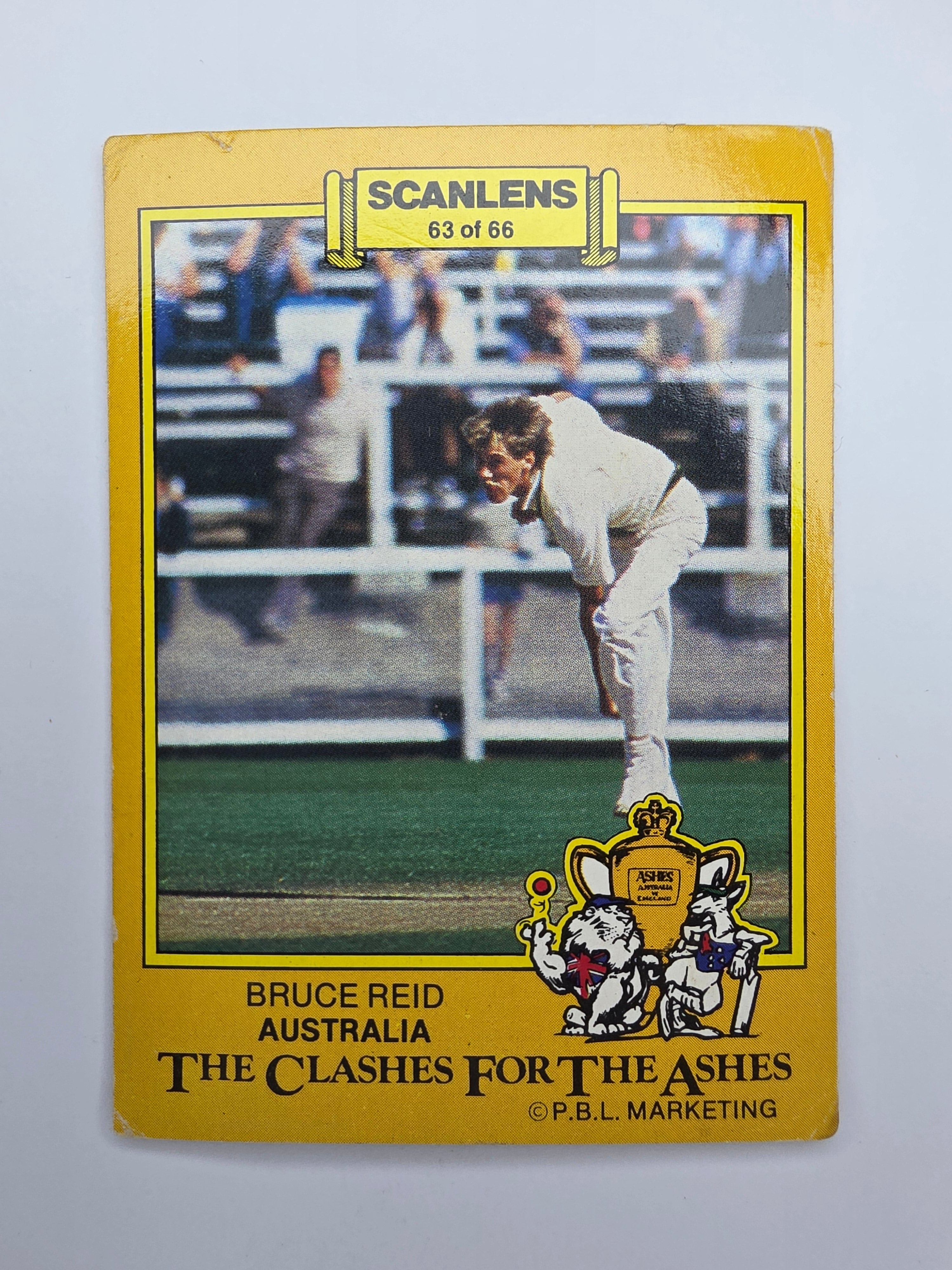 Scanlens 1986 cricket trading card of Bruce Reid bowling for Australia from the Clashes for the Ashes release.