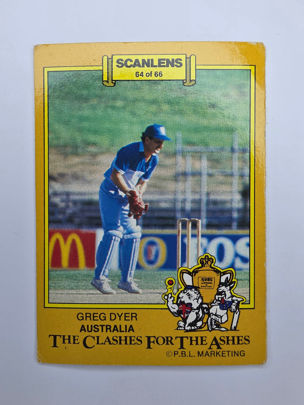 Scanlens 1986 Clashes for the Ashes trading card featuring Greg Dyer of Australia wicket-keeping. 