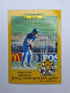 Scanlens 1986 Clashes for the Ashes trading card featuring Greg Dyer of Australia wicket-keeping. 