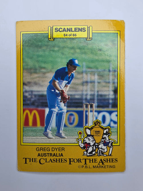 Scanlens 1986 Clashes for the Ashes trading card featuring Greg Dyer of Australia wicket-keeping. 