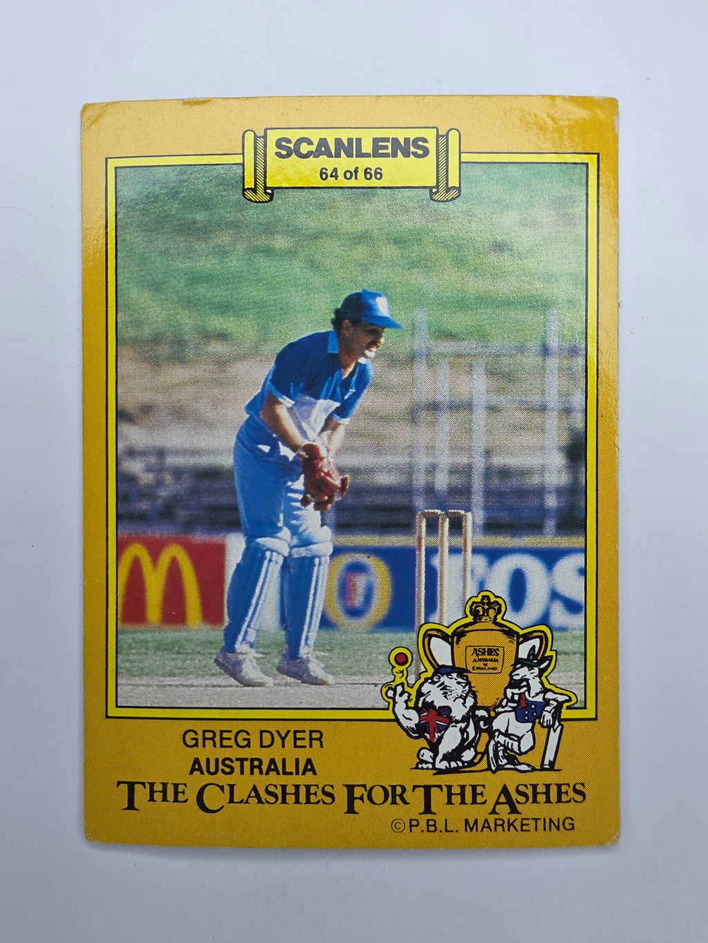 Scanlens 1986 Clashes for the Ashes trading card featuring Greg Dyer of Australia wicket-keeping. 