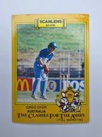 Scanlens 1986 Clashes for the Ashes trading card featuring Greg Dyer of Australia wicket-keeping. 