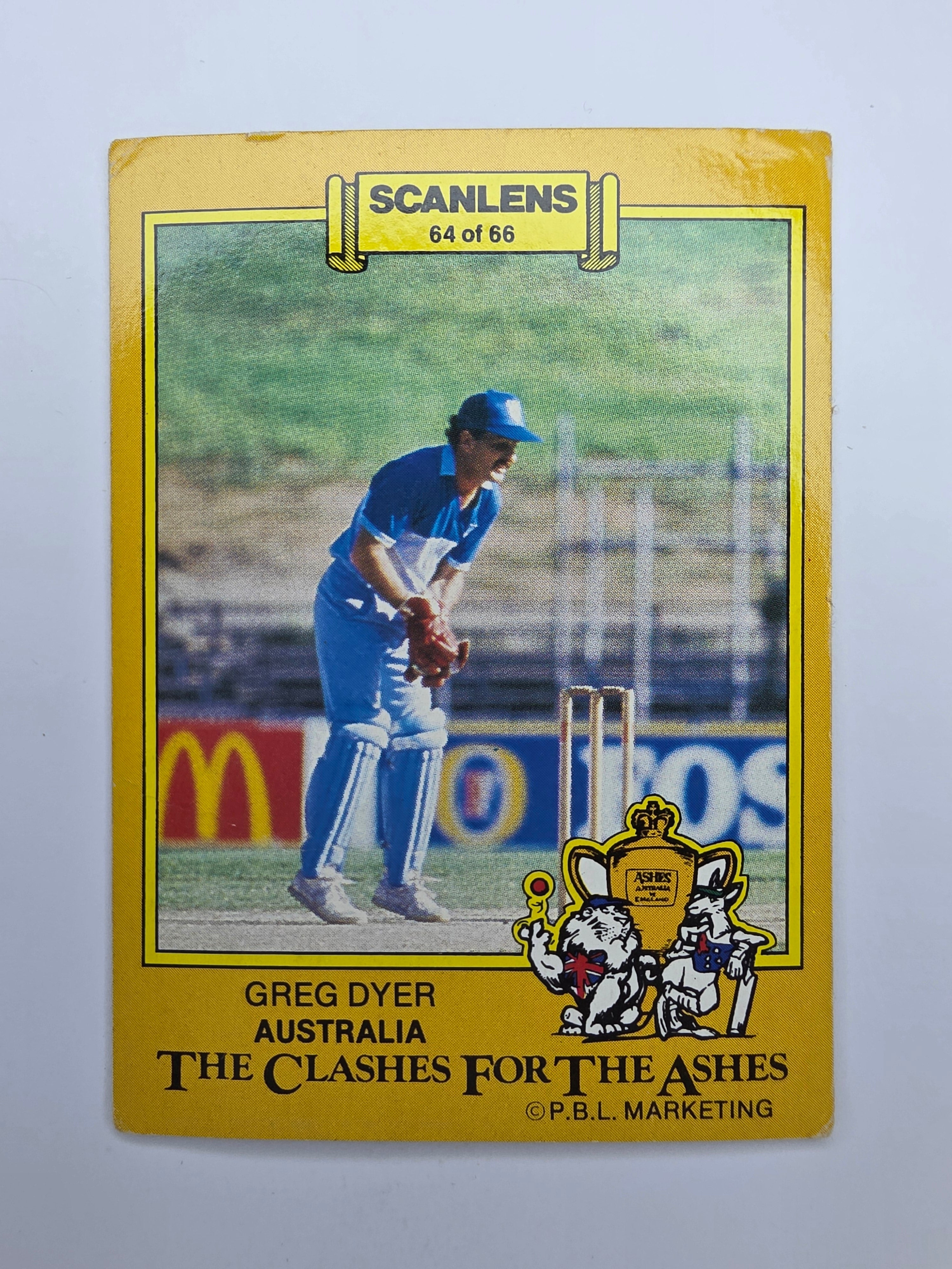 Scanlens 1986 Clashes for the Ashes trading card featuring Greg Dyer of Australia wicket-keeping. 
