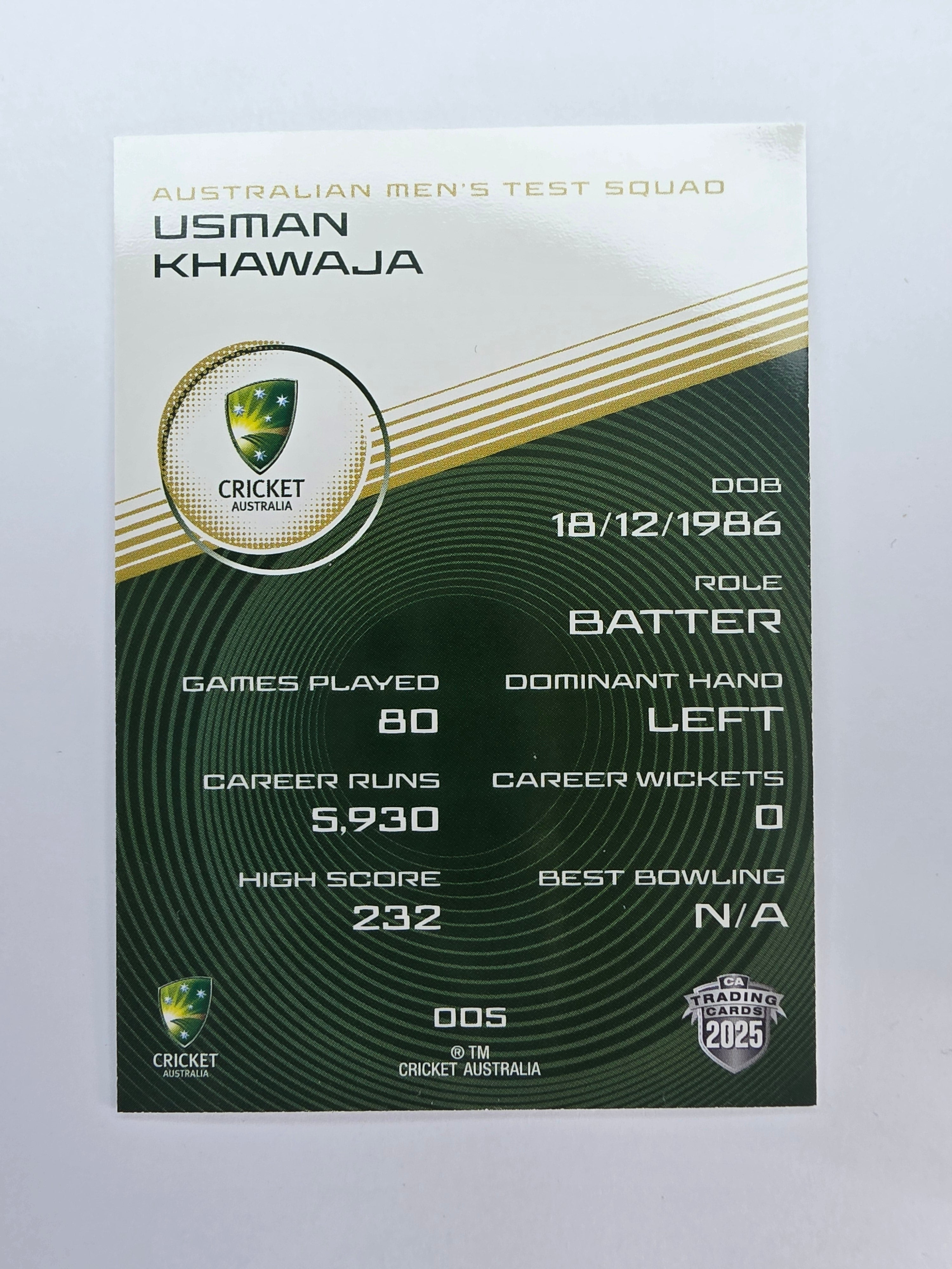 2025/26 Cricket Traders | Base | #005 | Usman Khawaja | Aust Test