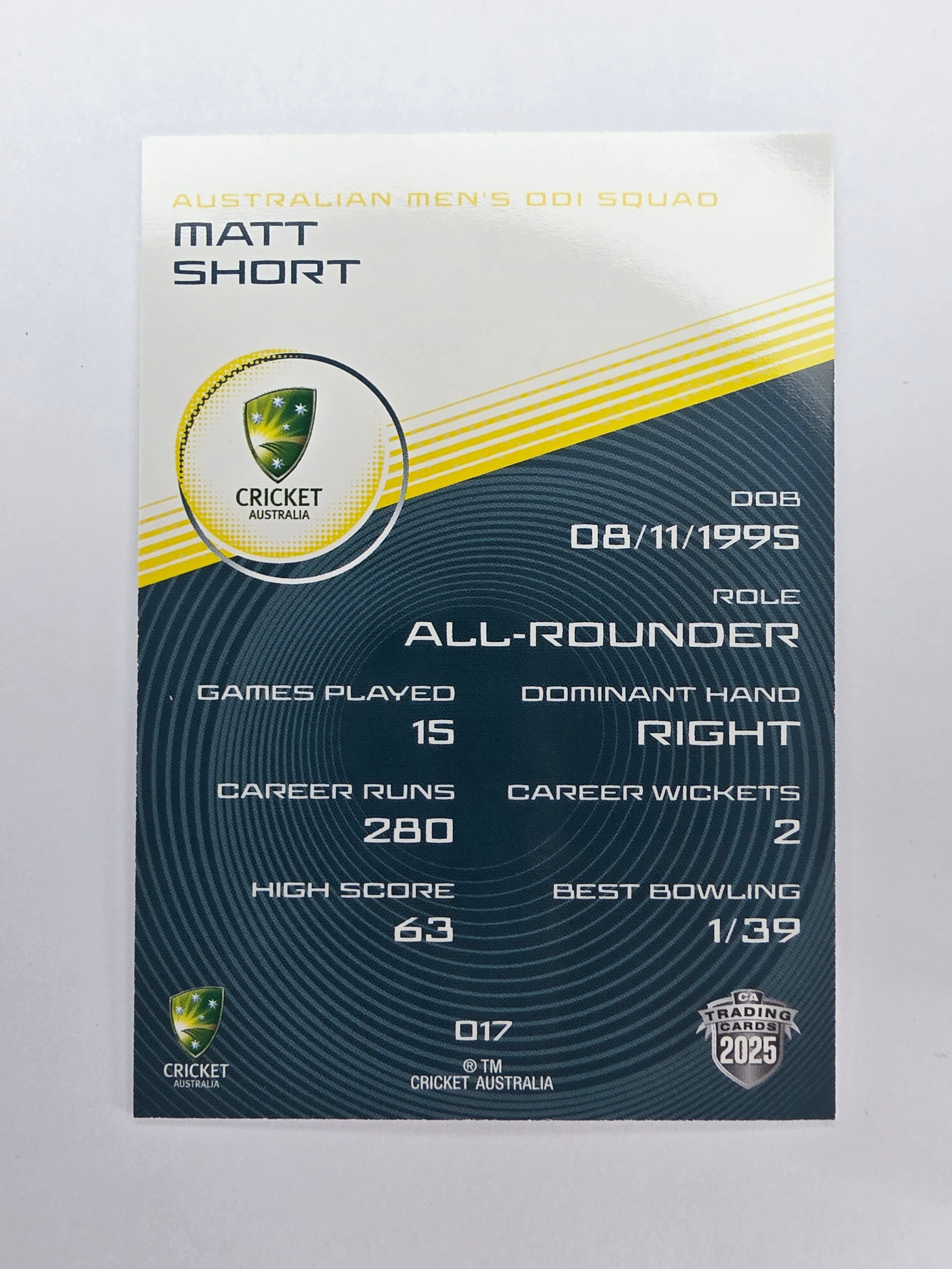 2025/26 Cricket Traders | Base | #017 | Matt Short | Aust ODI