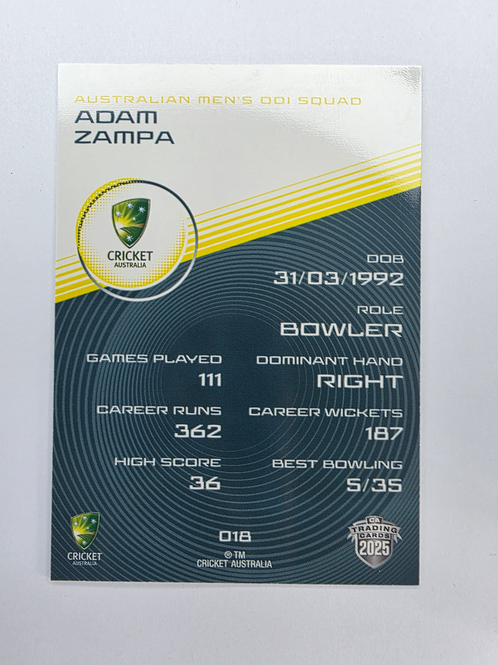 2025/26 Cricket Traders | Base | #018 | Adam Zampa | Aust ODI