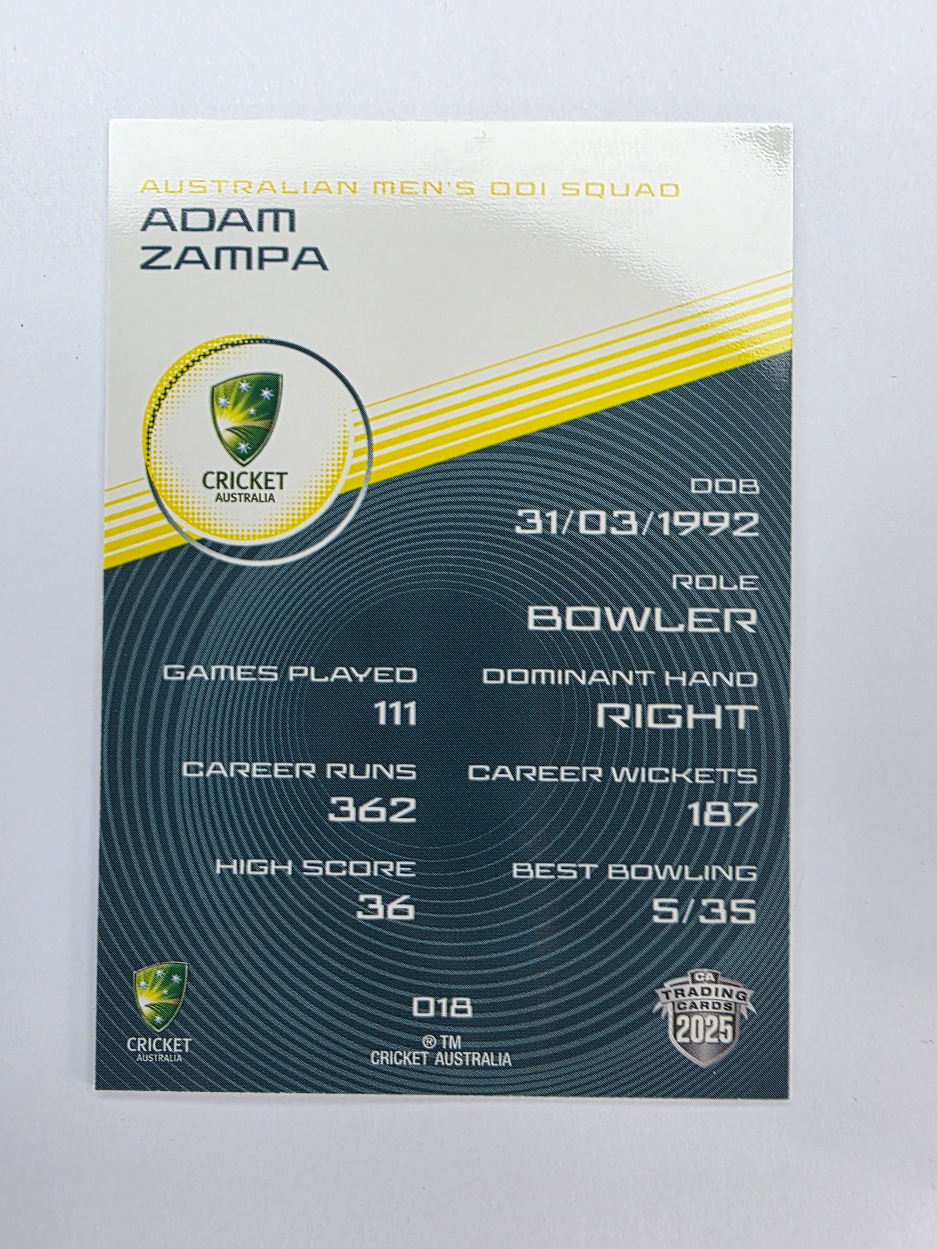 2025/26 Cricket Traders | Base | #018 | Adam Zampa | Aust ODI