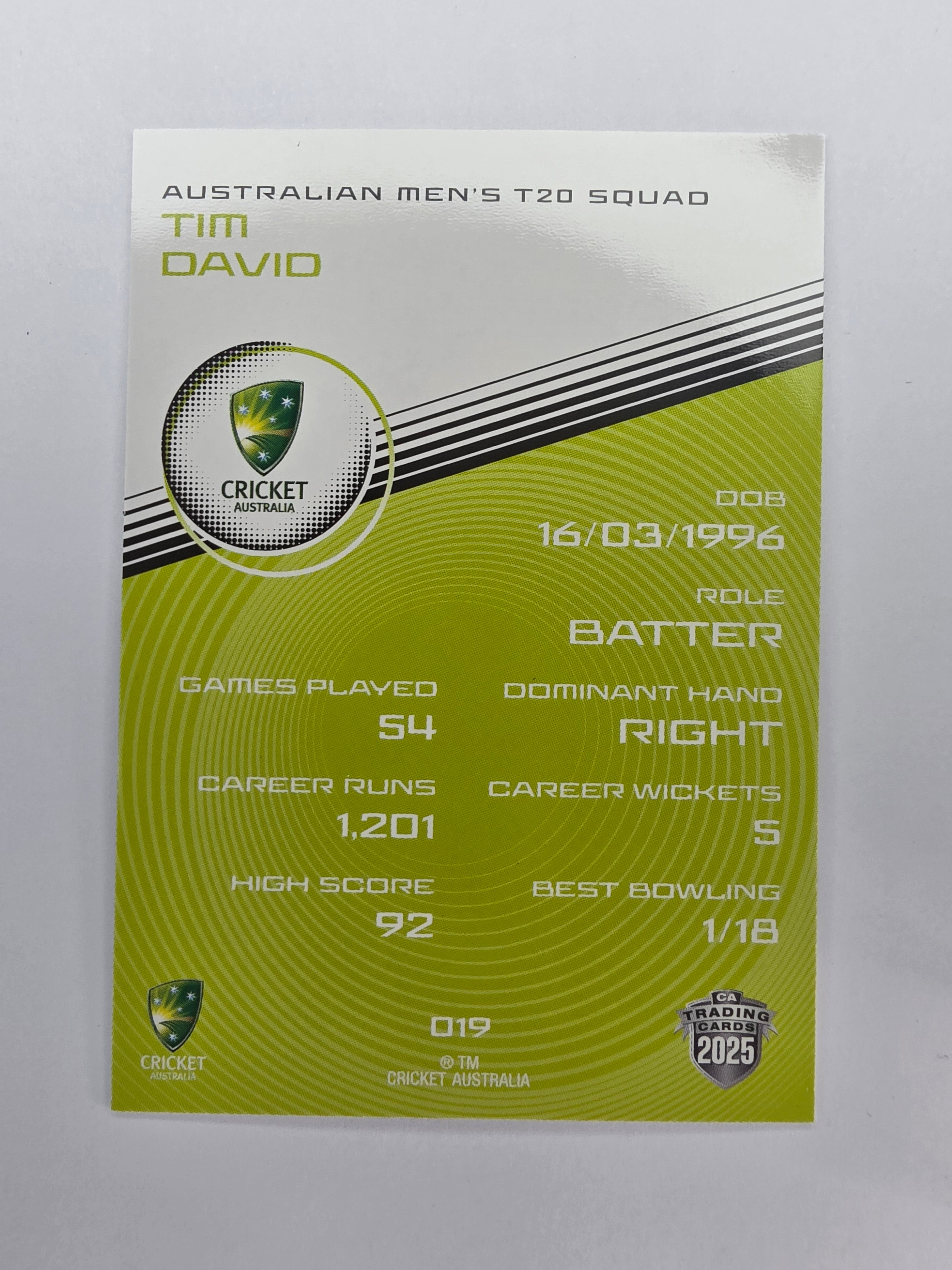 2025/26 Cricket Traders | Base | #019 | Tim David | Aust T20