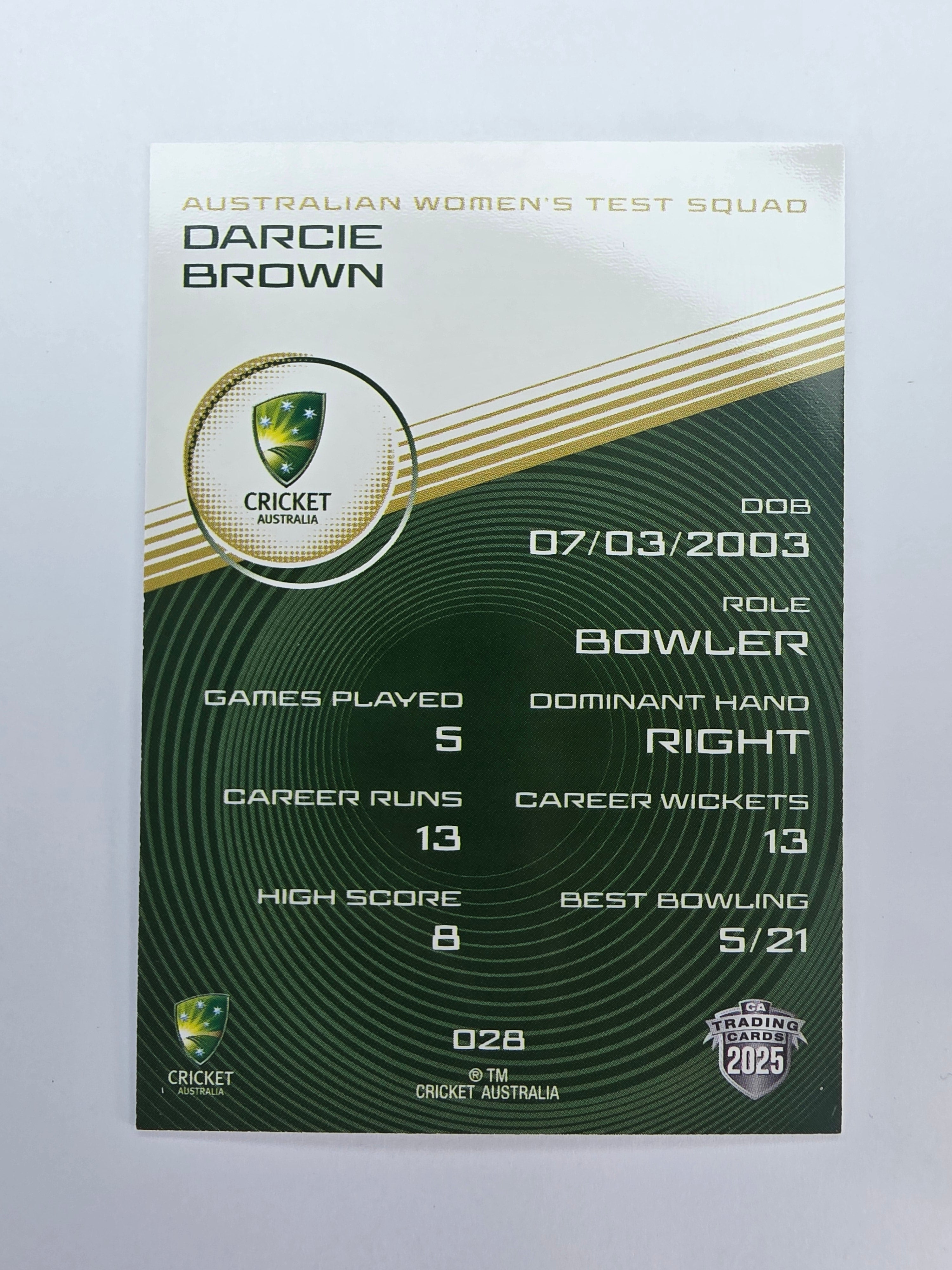 2025/26 Cricket Traders | Base | #028 | Darcie Brown | Aust W Test