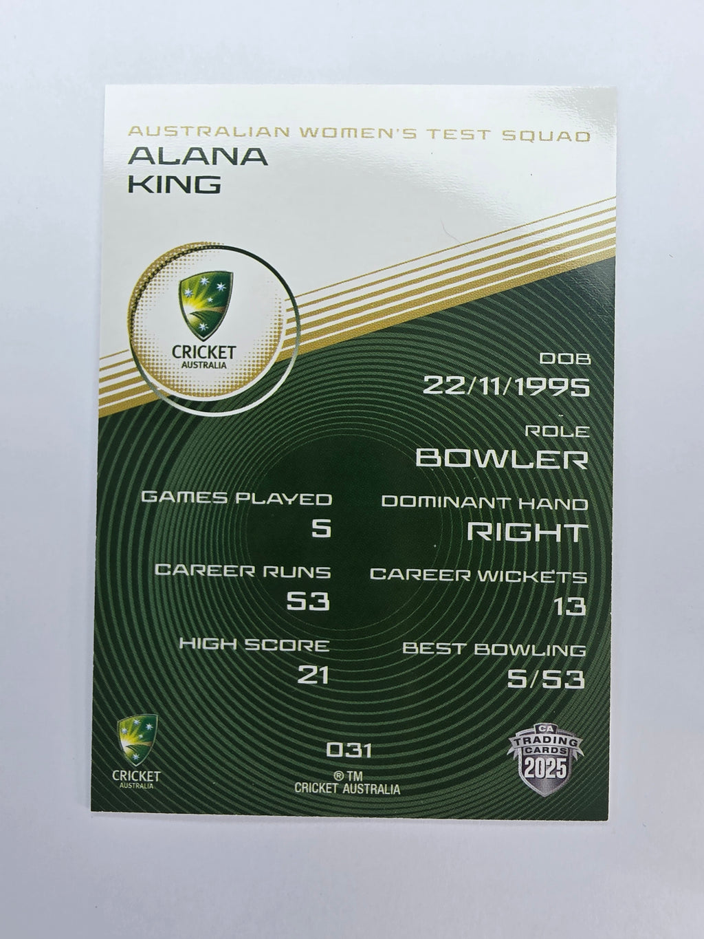 2025/26 Cricket Traders | Base | #031 | Alana King | Aust W Test