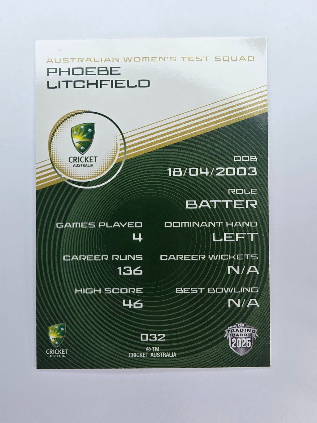 2025/26 Cricket Traders | Base | #032 | Phoebe Litchfield | Au W Test