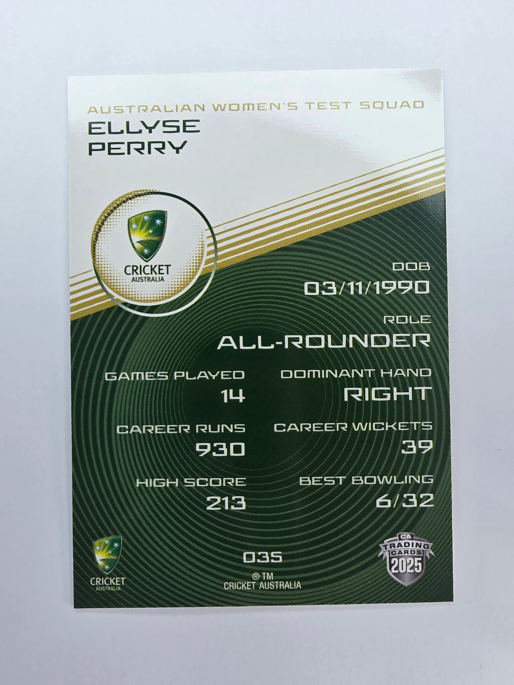 2025/26 Cricket Traders | Base | #035 | Ellyse Perry | Aust W Test