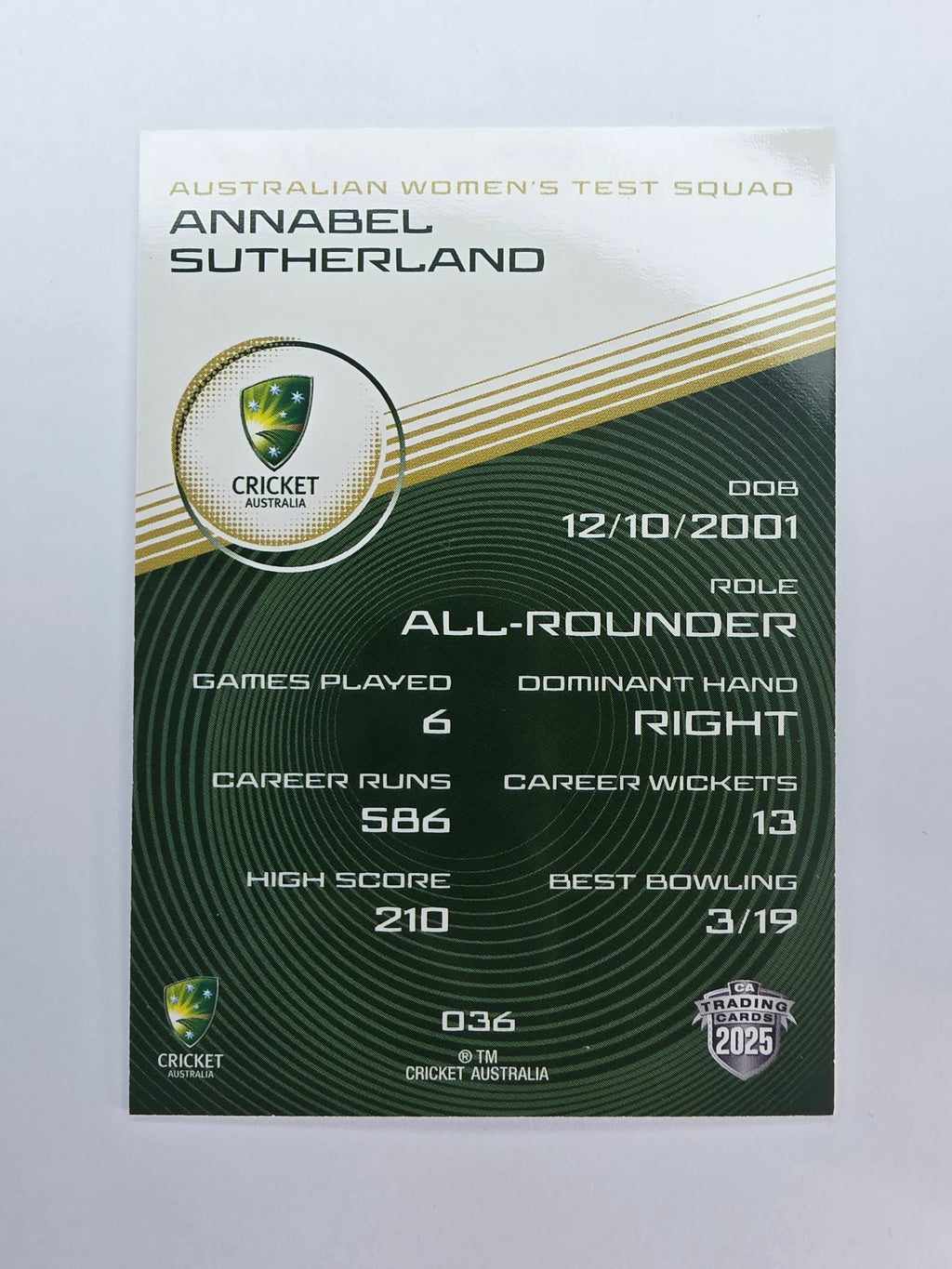 2025/26 Cricket Traders | Base | #036 | Annabel Sutherland |Au W Test