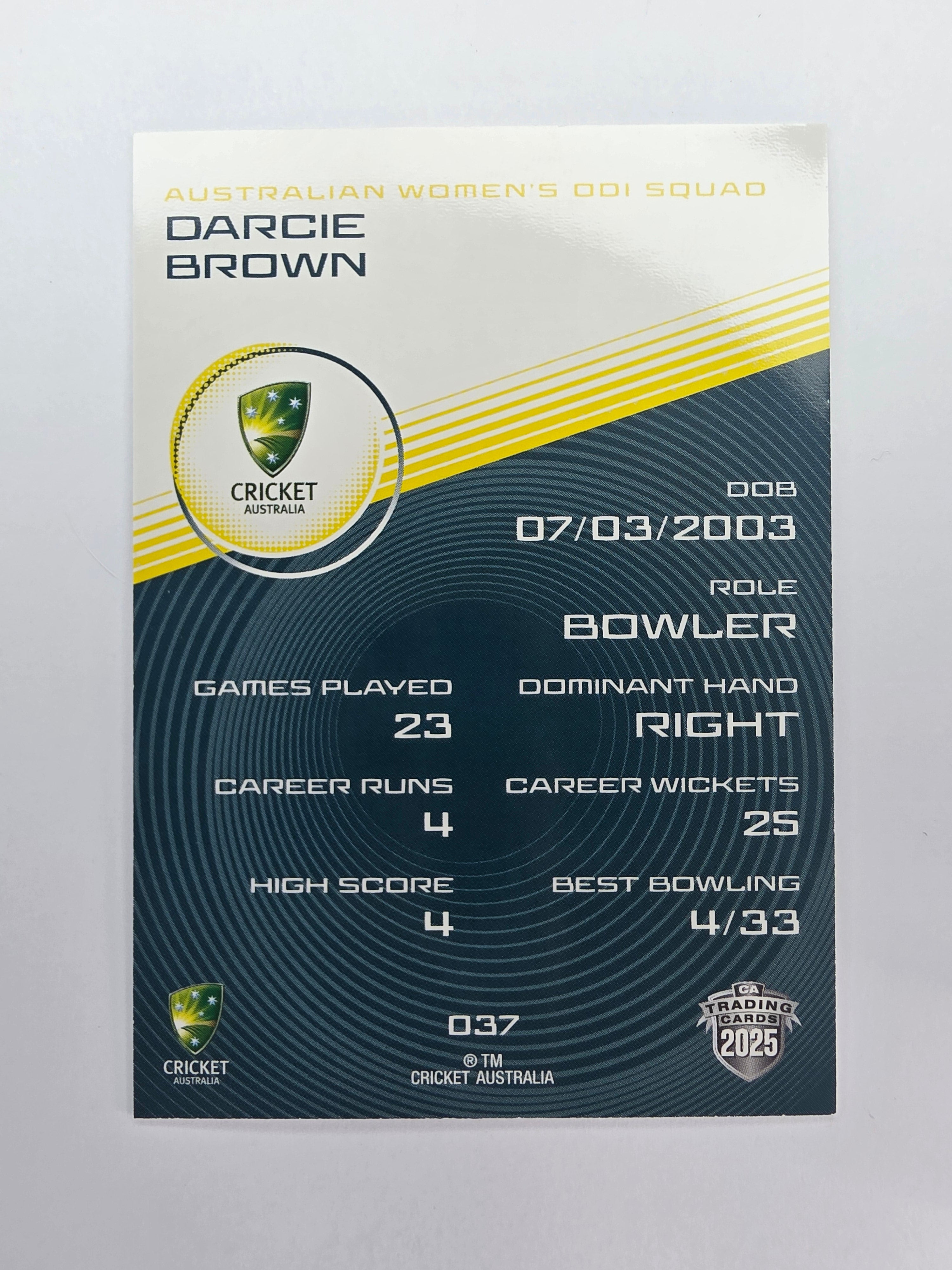 2025/26 Cricket Traders | Base | #037 | Darcie Brown | Aust W ODI