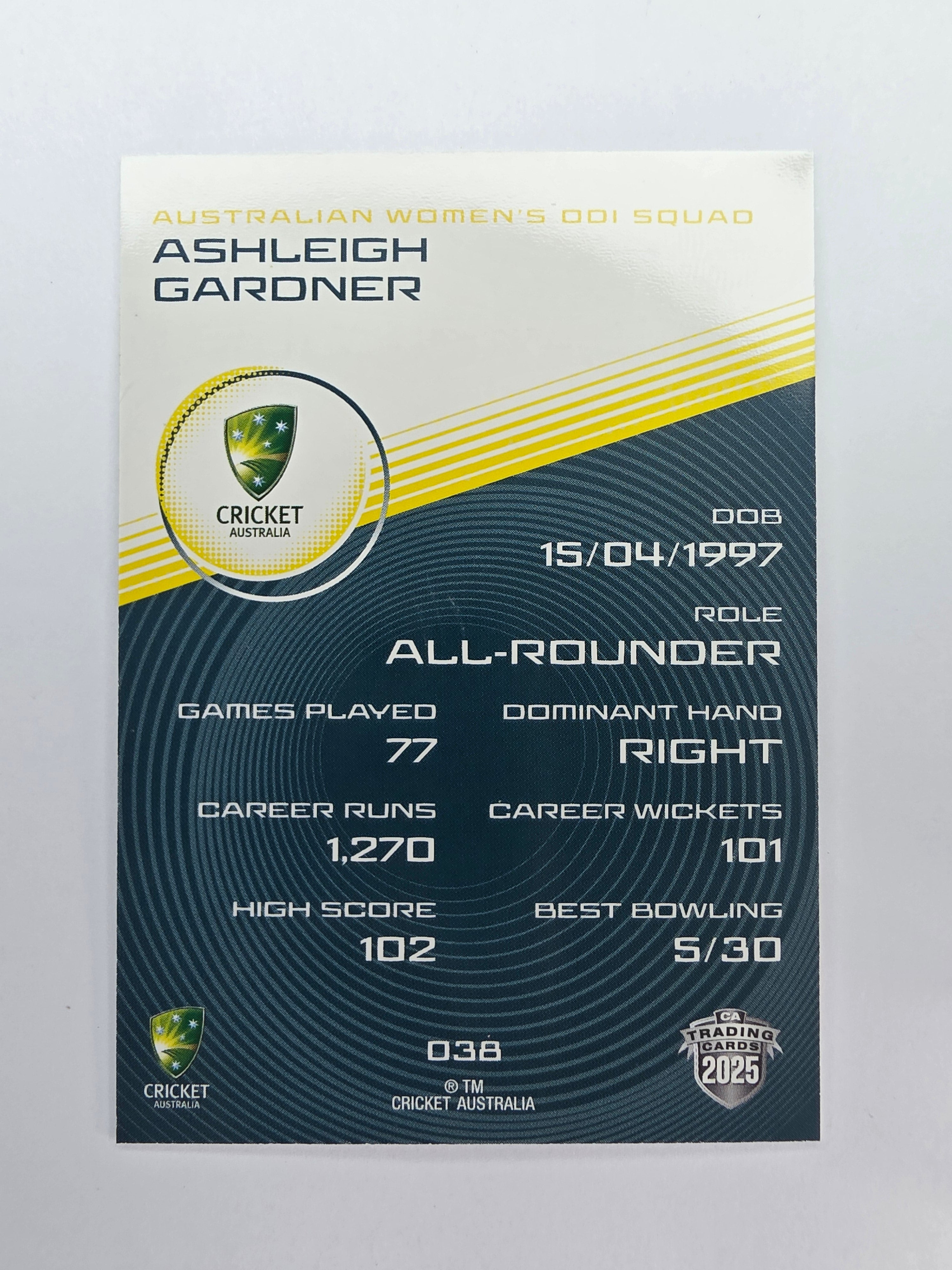 2025/26 Cricket Traders | Base | #038 | Ashleigh Gardner | Aust W ODI