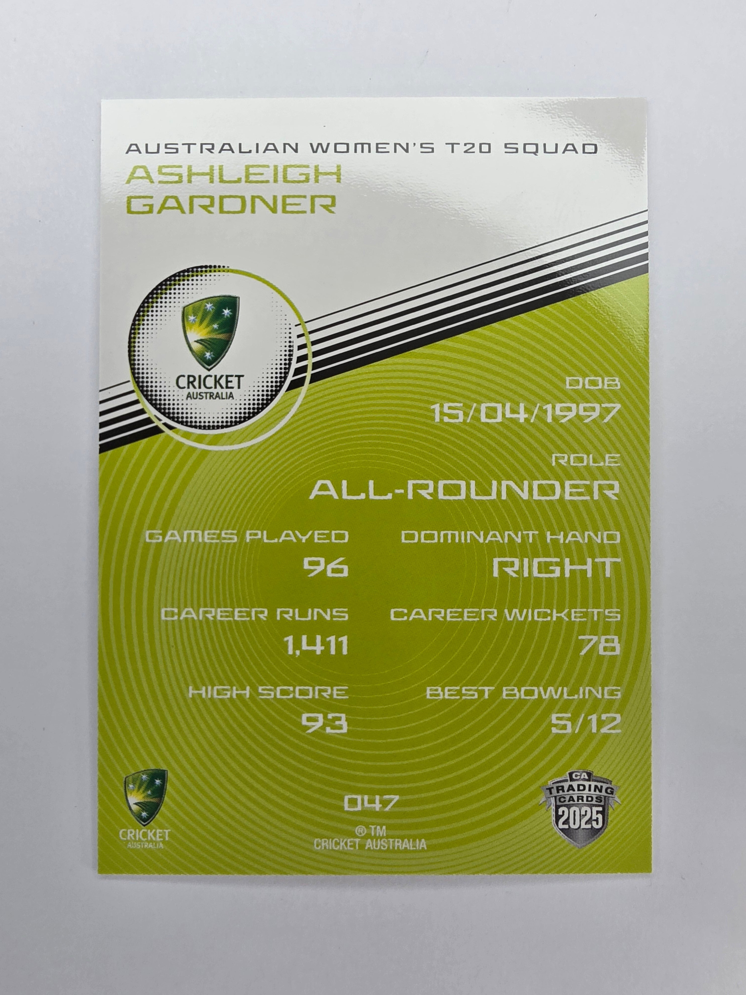 2025/26 Cricket Traders | Base | #047 | Ashleigh Gardner | Aust W T20