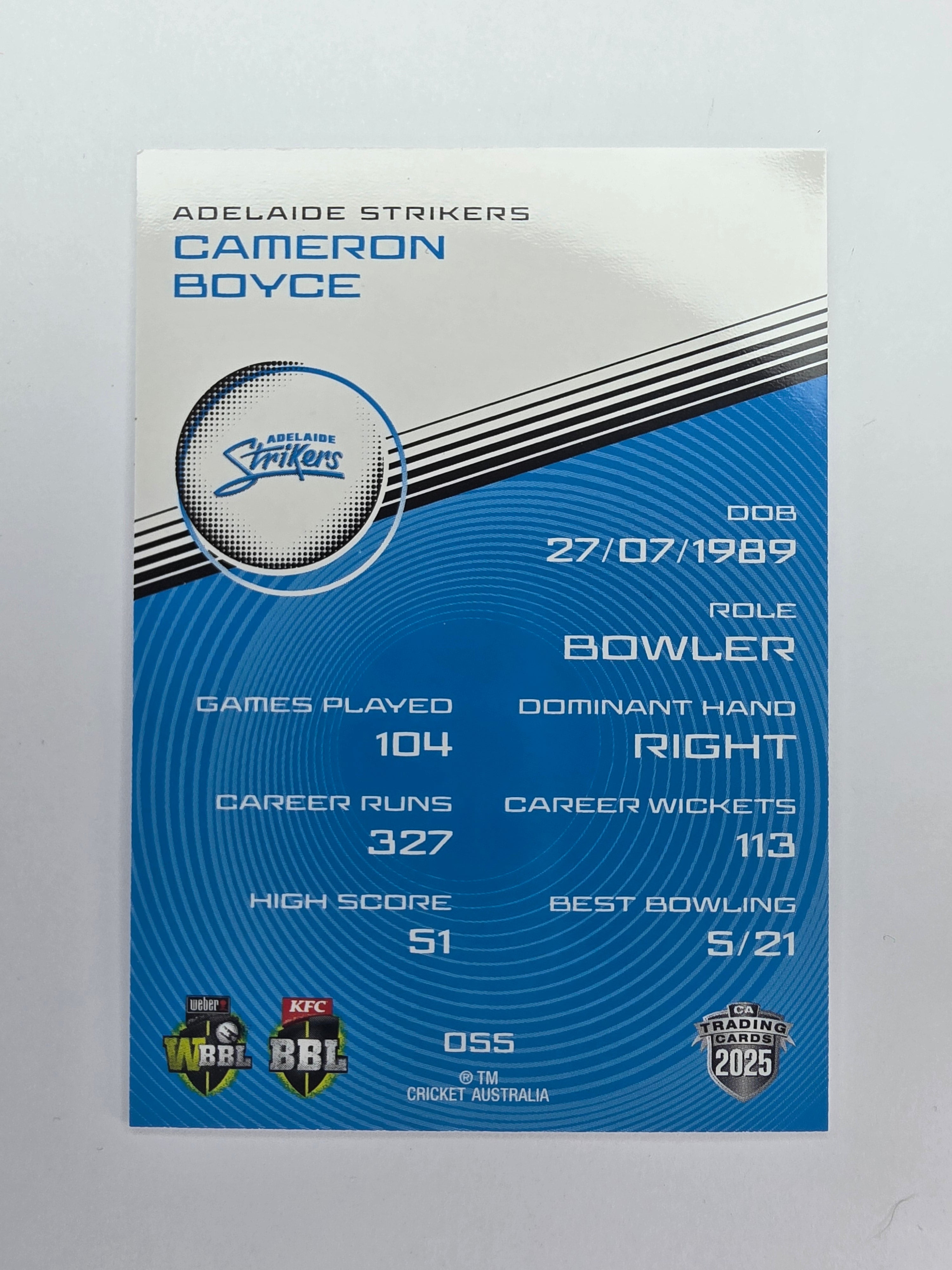 2025/26 Cricket Traders | Base | #055 | Cameron Boyce | Adel Strikers