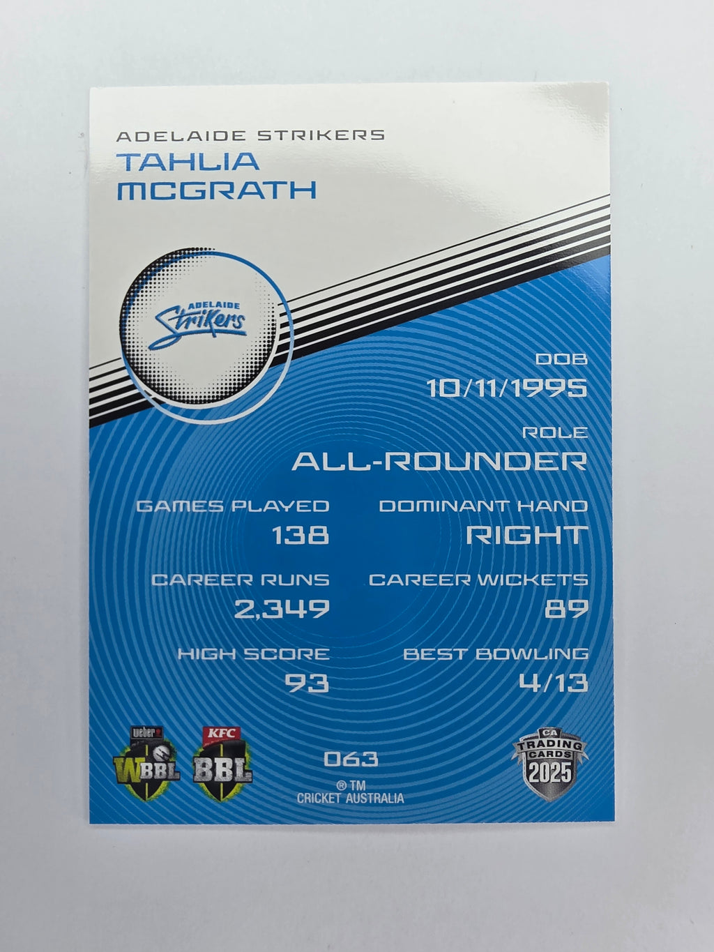 2025/26 Cricket Traders | Base | #063 | Tahlia McGrath | Adel Striker