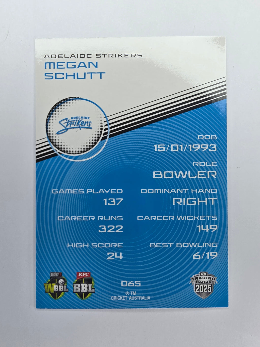 2025/26 Cricket Traders | Base | #065 | Megan Schutt | Adel Strikers
