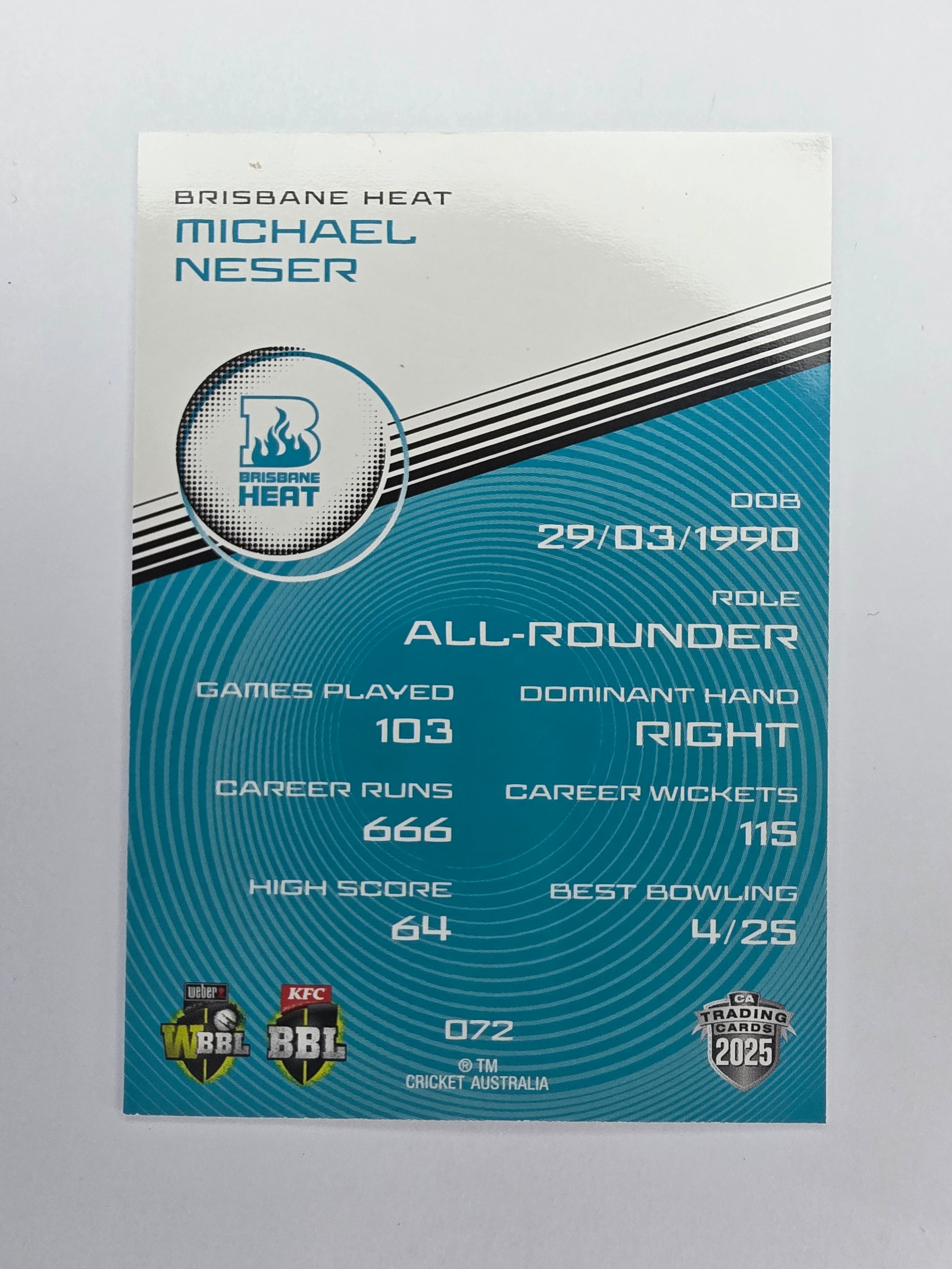 2025/26 Cricket Traders | Base | #072 | Michael Neser | Brisbane Heat