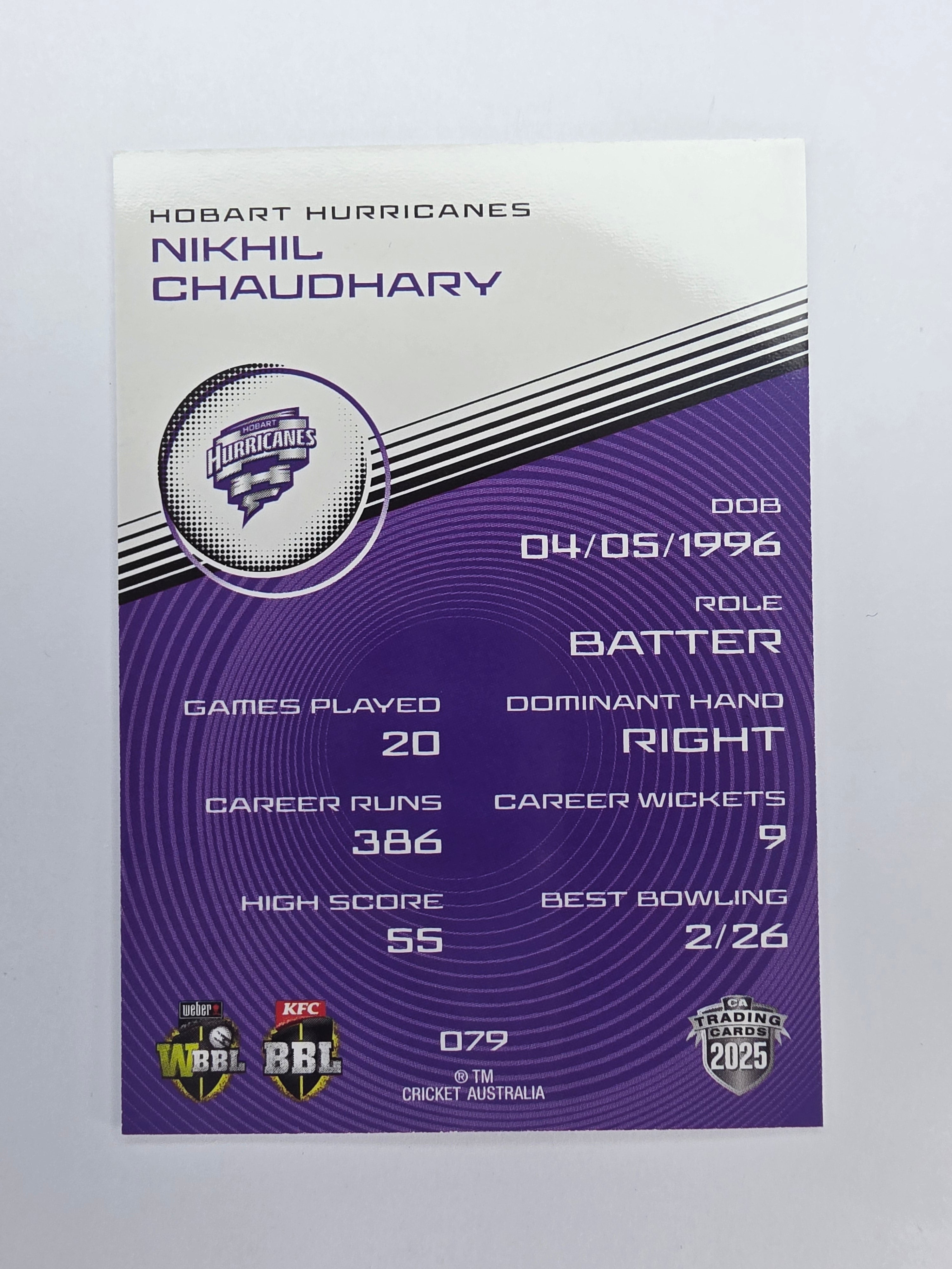 2025/26 Cricket Traders | Base | #079 | Nikhil Chaudhary | Hurricanes