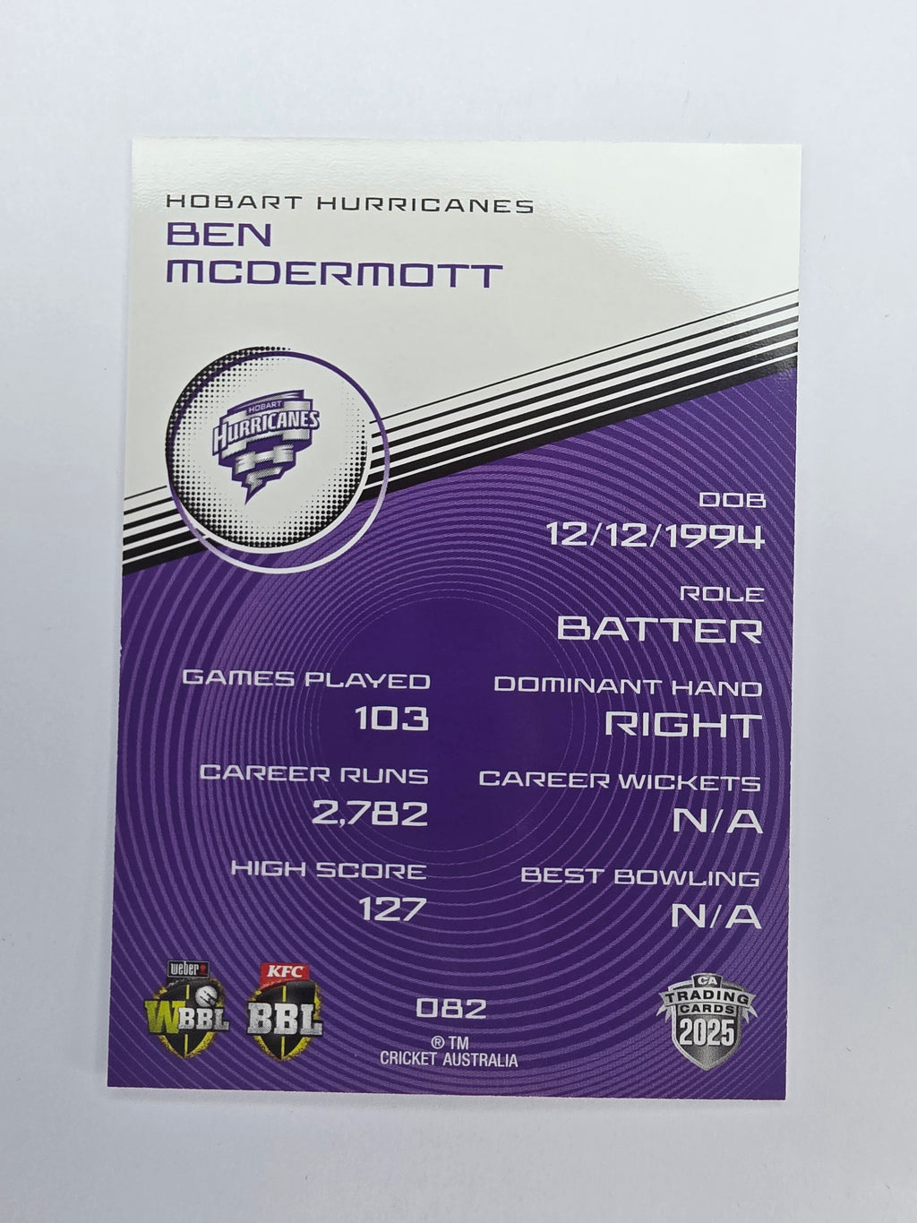 2025/26 Cricket Traders | Base | #082 | Ben McDermott | Hurricanes
