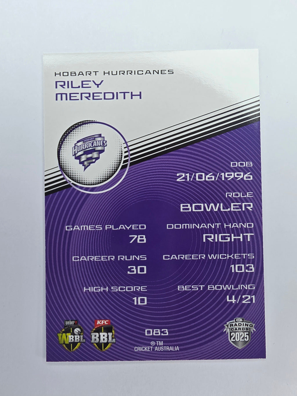2025/26 Cricket Traders | Base | #083 | Riley Meredith | Hurricanes