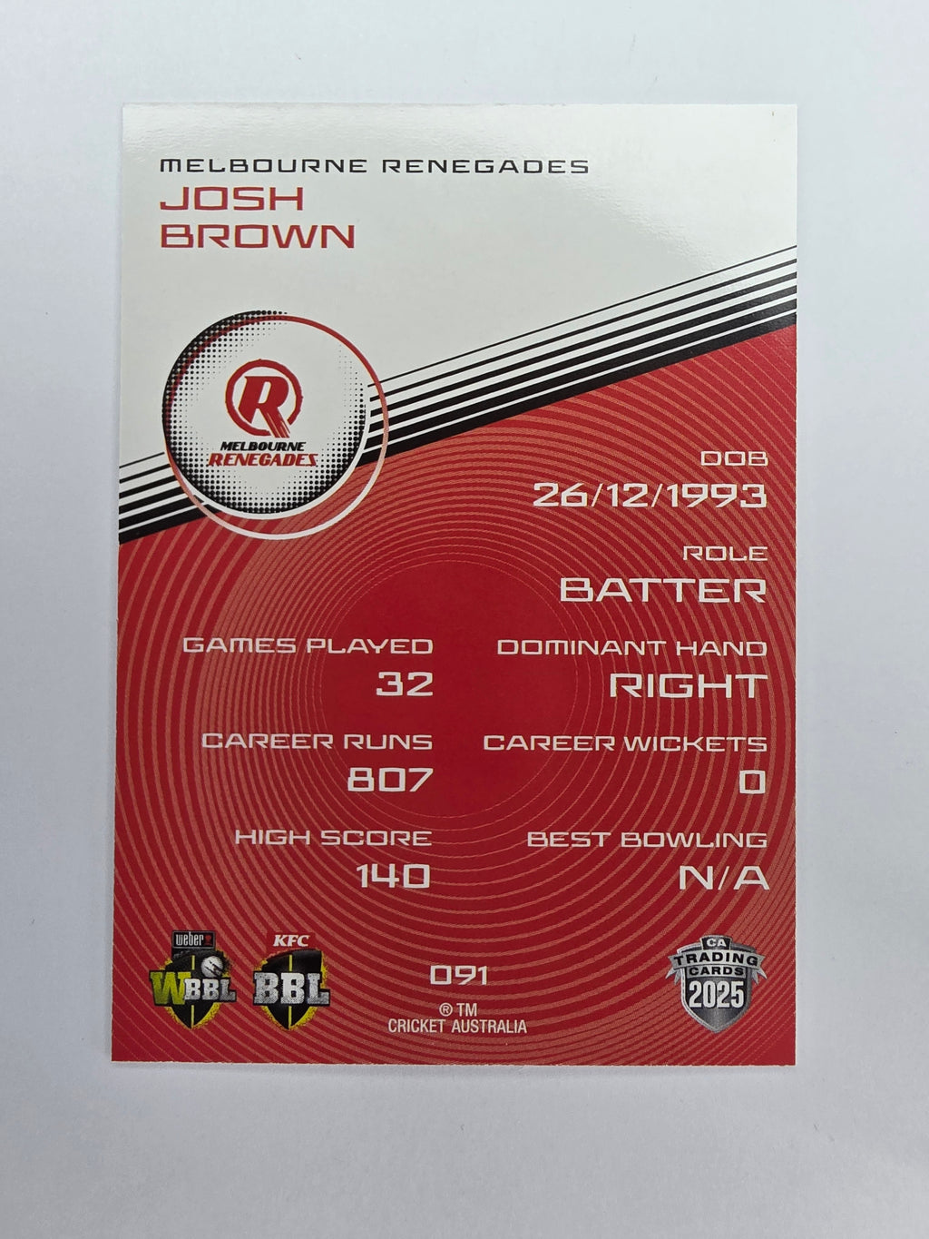 2025/26 Cricket Traders | Base | #091 | Josh Brown | Melb Renegades