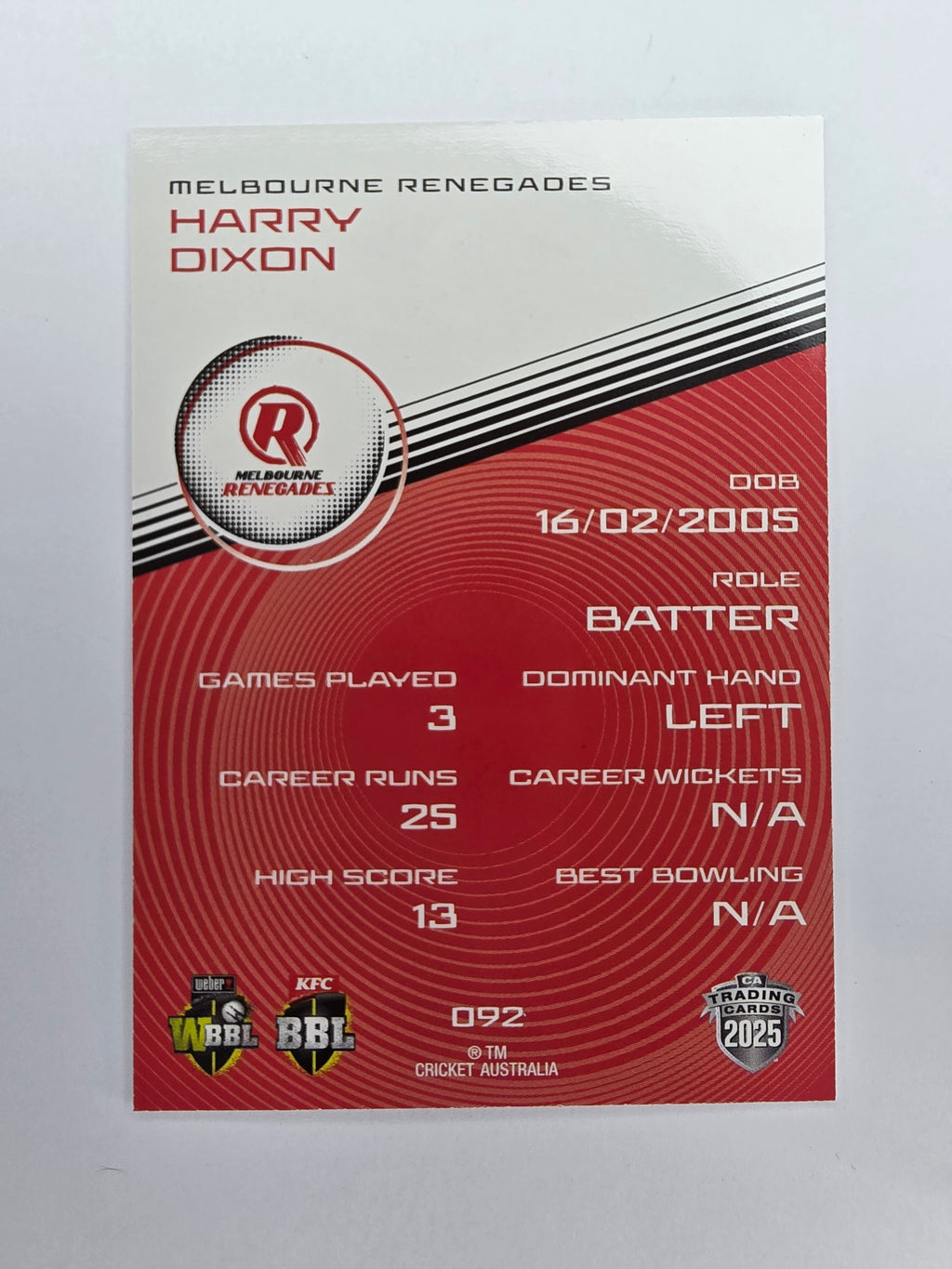 2025/26 Cricket Traders | Base | #092 | Harry Dixon | Melb Renegades