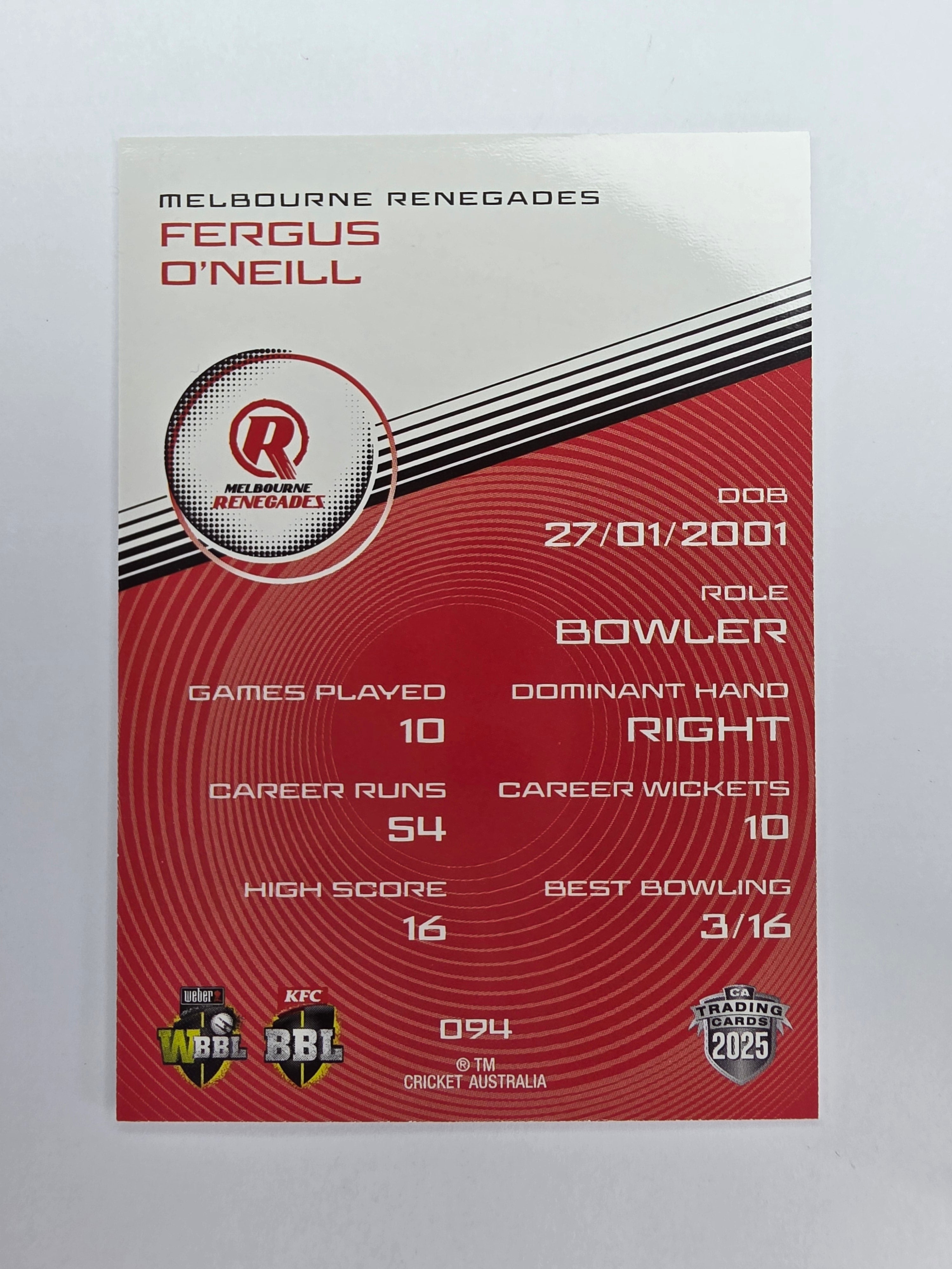2025/26 Cricket Traders | Base | #094 | Fergus O'Neill | Renegades