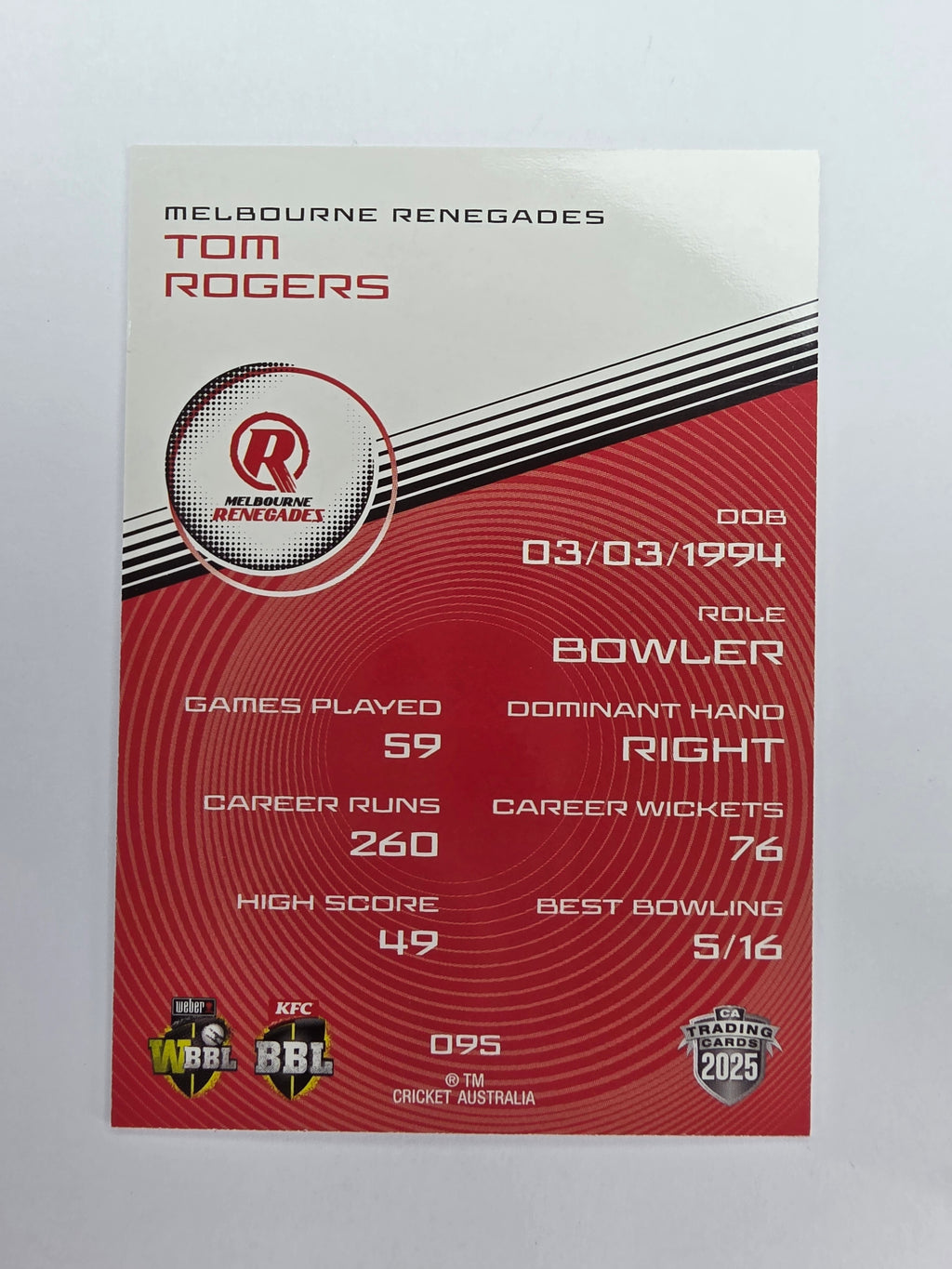 2025/26 Cricket Traders | Base | #095 | Tom Rogers | Melb Renegades