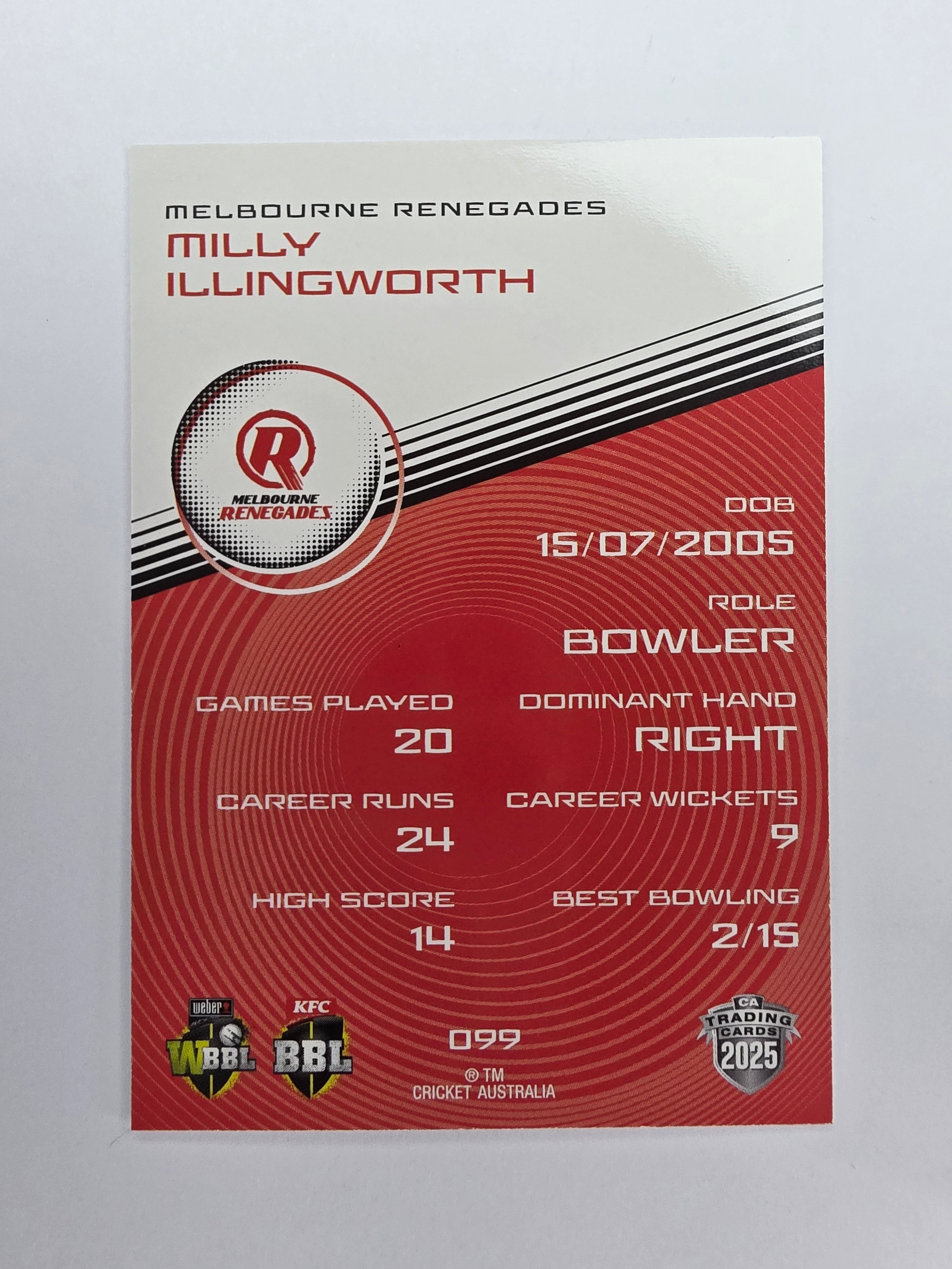 2025/26 Cricket Traders | Base | #099 | Milly Illingworth | Renegades