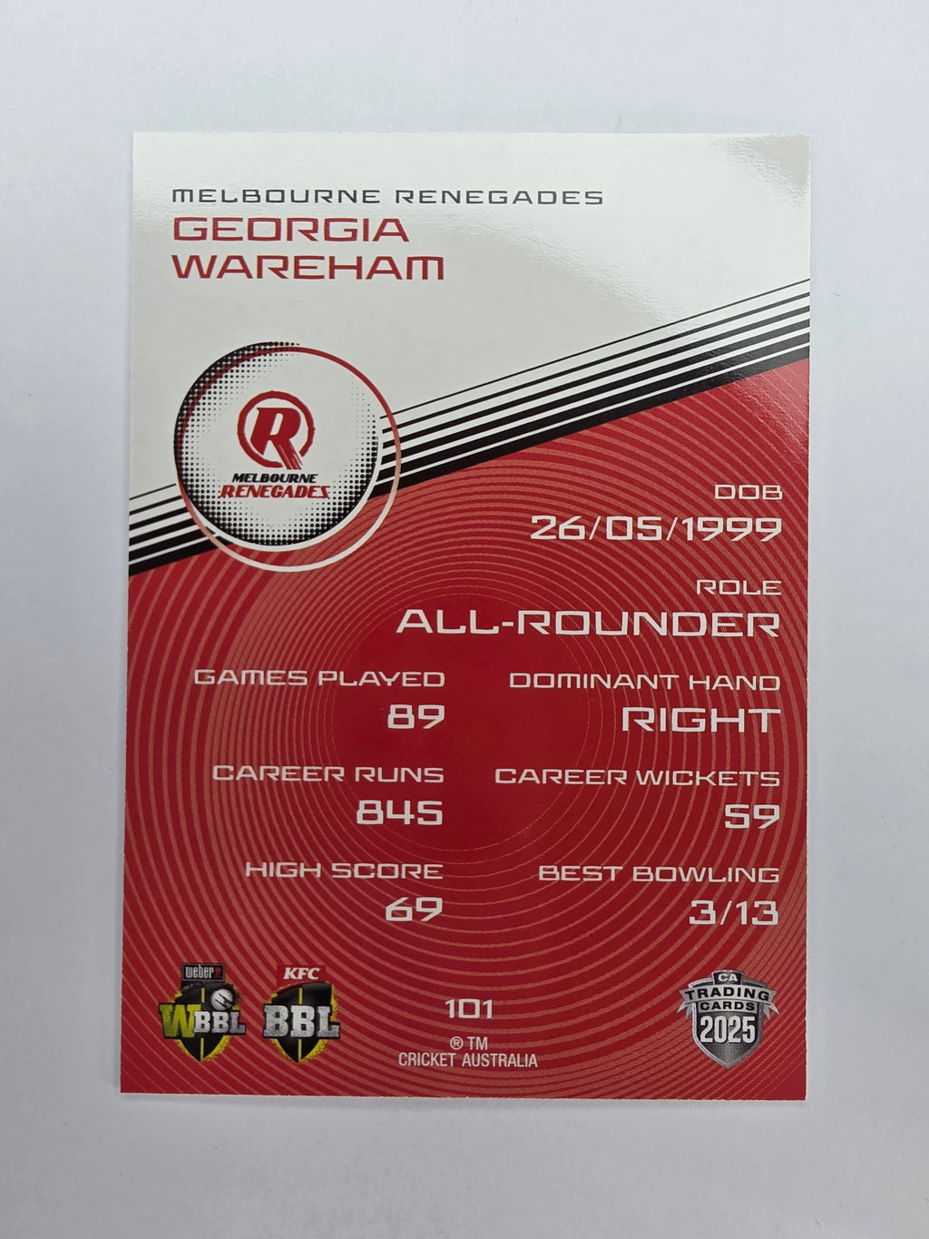 2025/26 Cricket Traders | Base | #101 | Georgia Wareham | Renegades