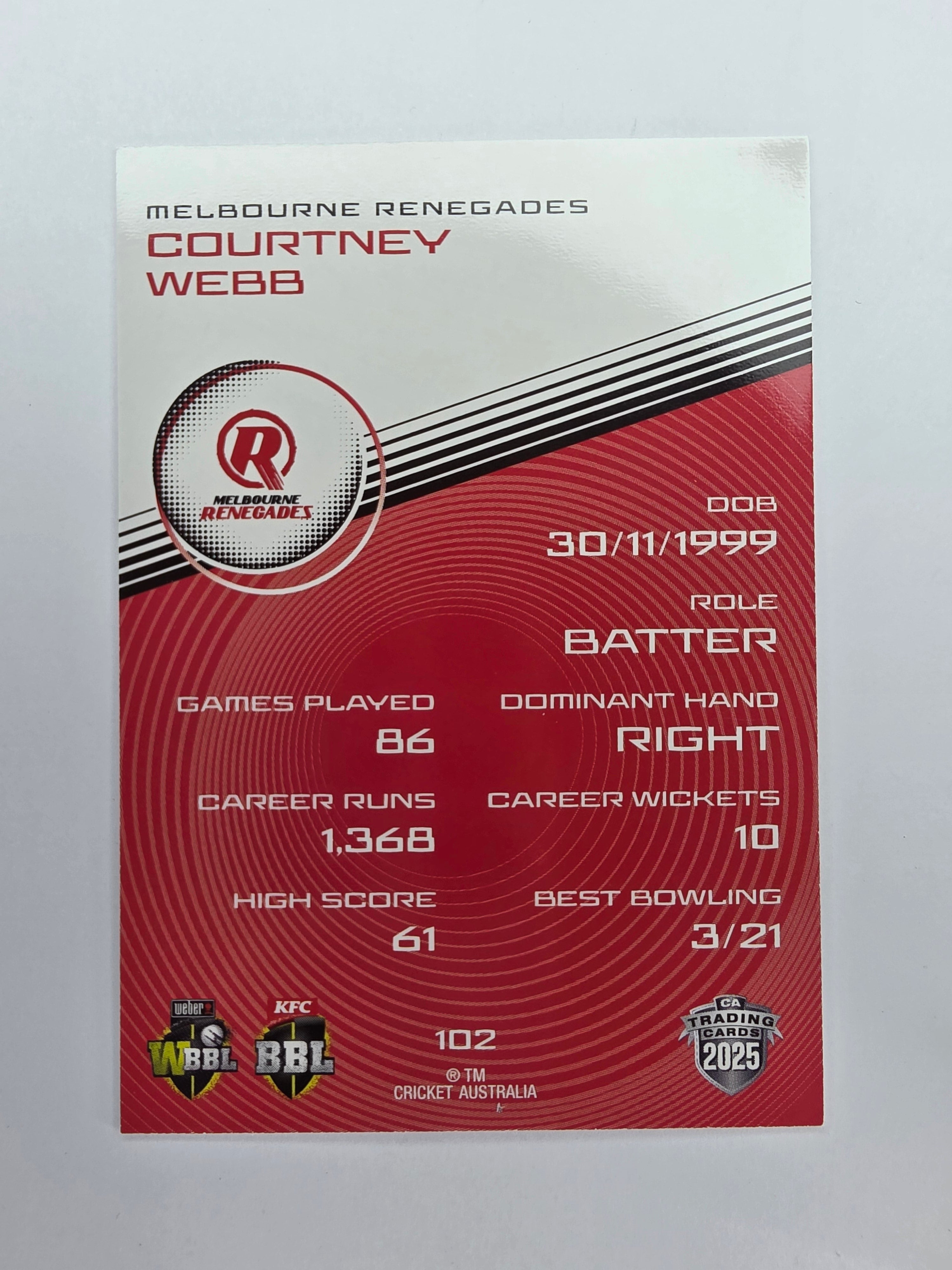 2025/26 Cricket Traders | Base | #102 | Courtney Webb | Renegades
