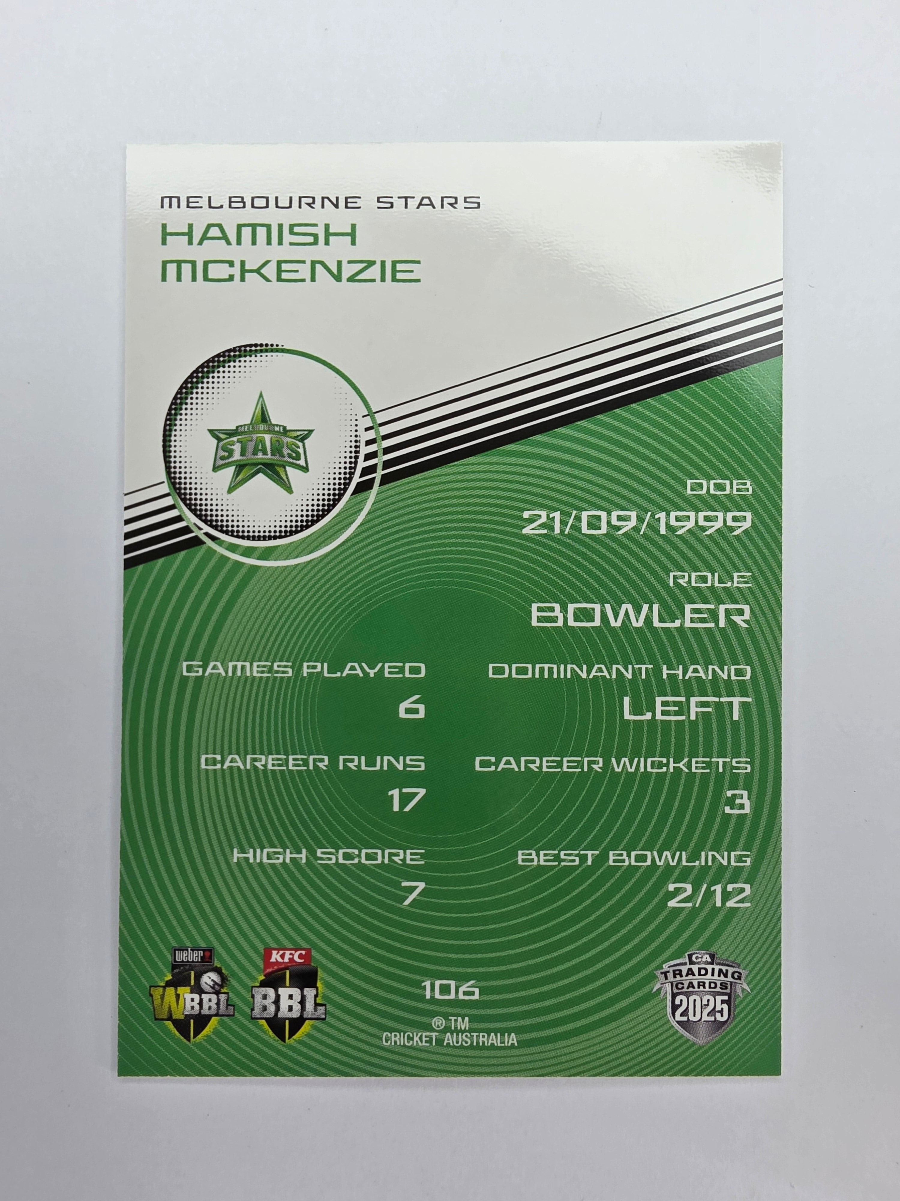 2025/26 Cricket Traders | Base | #106 | Hamish McKenzie | Melb Stars