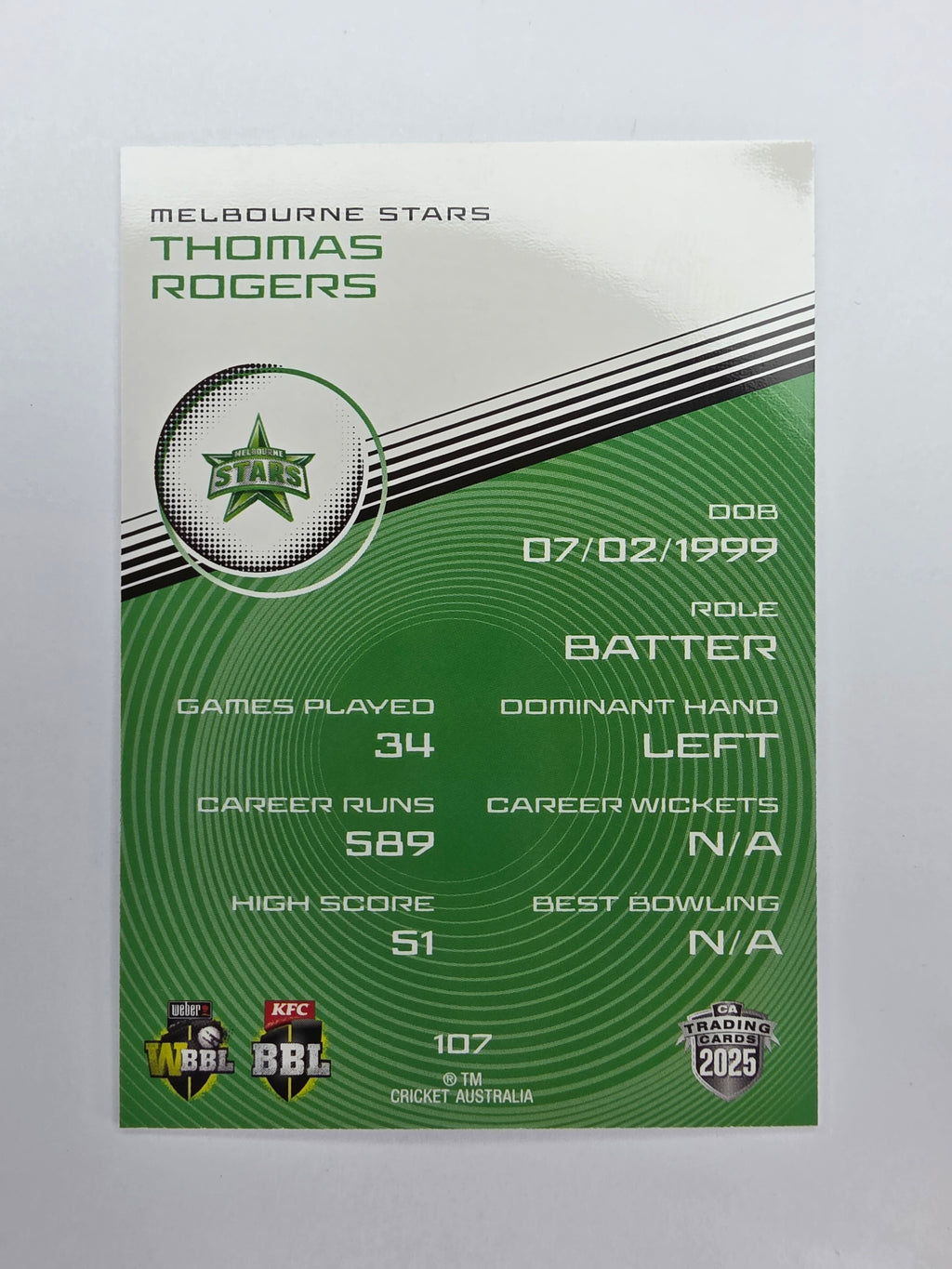 2025/26 Cricket Traders | Base | #107 | Thomas Rogers | Melb Stars