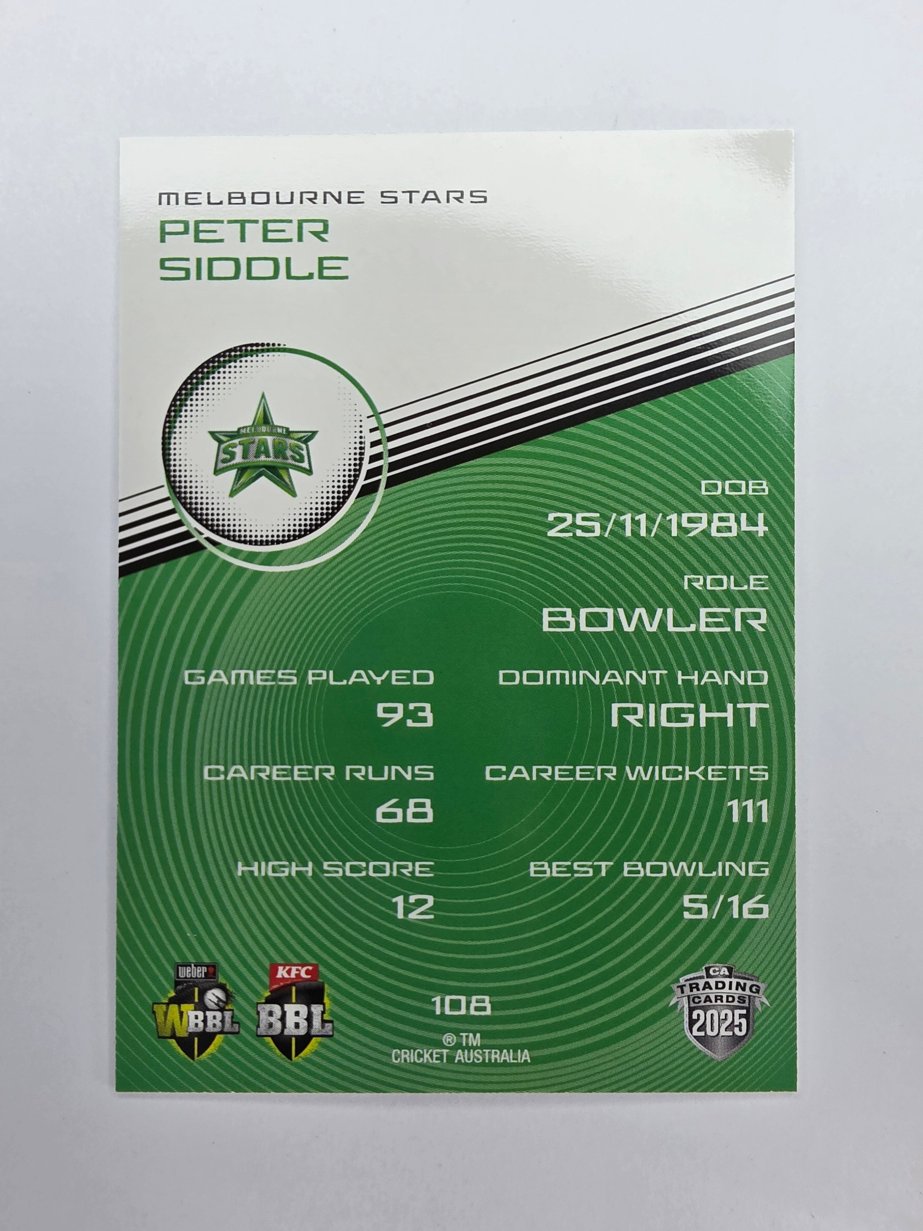 2025/26 Cricket Traders | Base | #108 | Peter Siddle | Melbourne Star