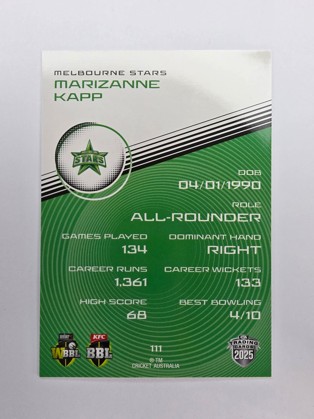 2025/26 Cricket Traders | Base | #111 | Marizanne Kapp | Stars